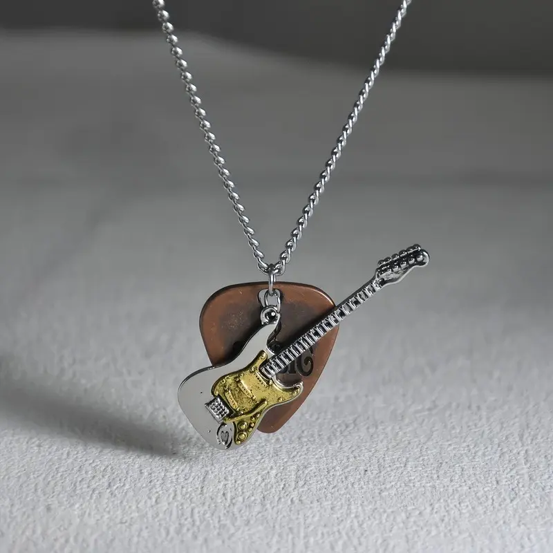 Vintage Guitar Pick and Pendant Necklace, Punk Rock Metal Jewelry, Unique Accessories for Music Lovers, Stylish Gift Idea