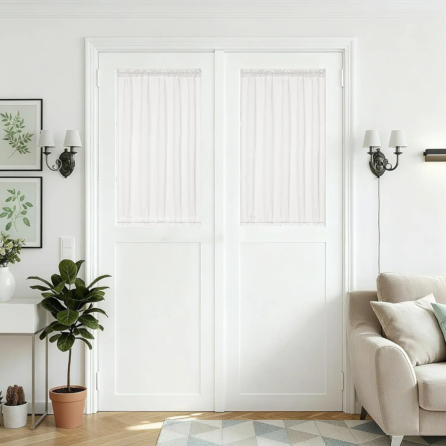 Semi Sheer Ivory White French Chic Style Linen Rod Pocket Light Filtering Curtains, 2 Panels 25x40 in Small Door Window Half Curtains for Front Door, Kitchen, Two Panels
