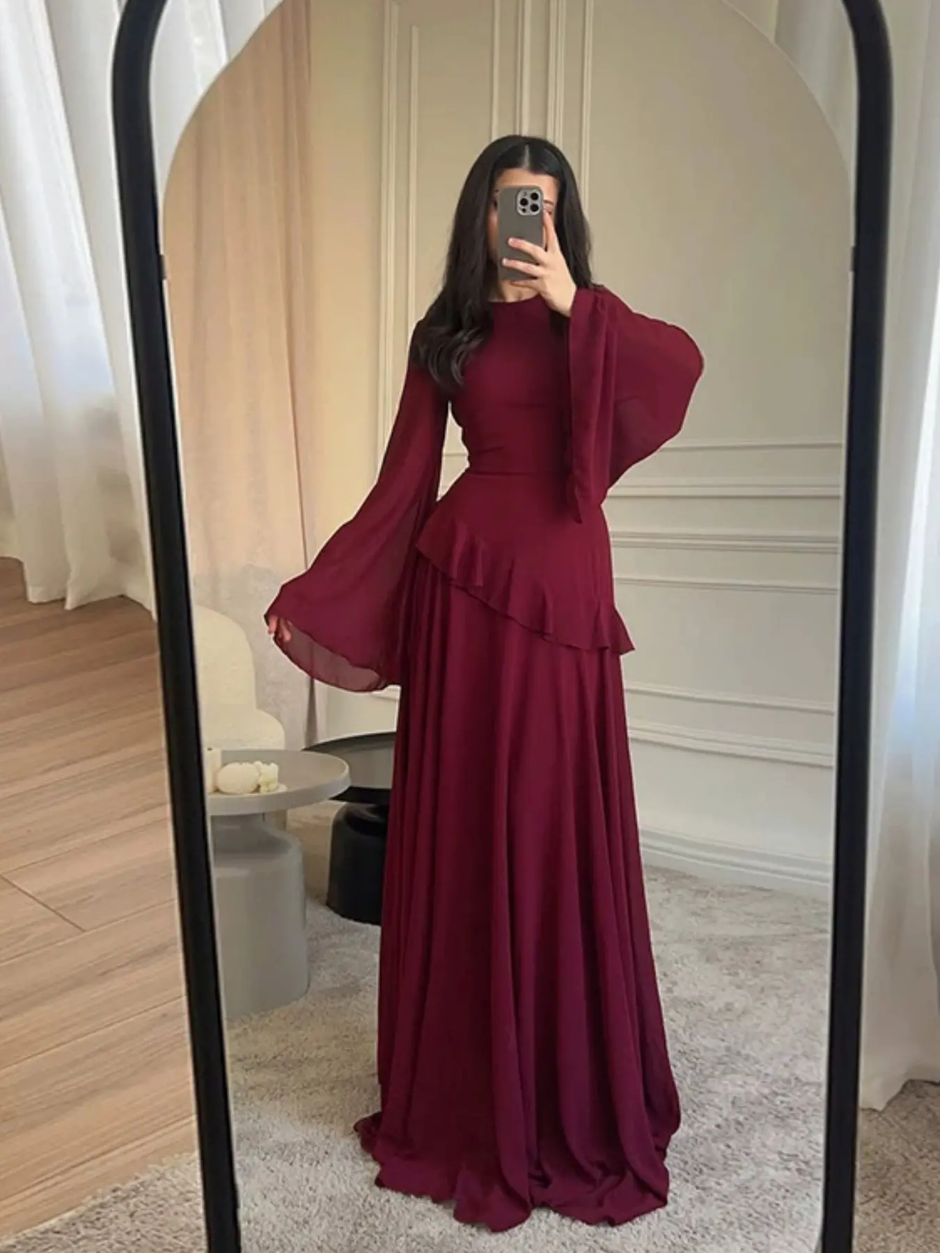 2026 Fall New European Style Pure Desire High-End Elegance Round Neck Fitted Long Sleeve Dress, Solid Color Back Tie Waist Slimming Long Dress