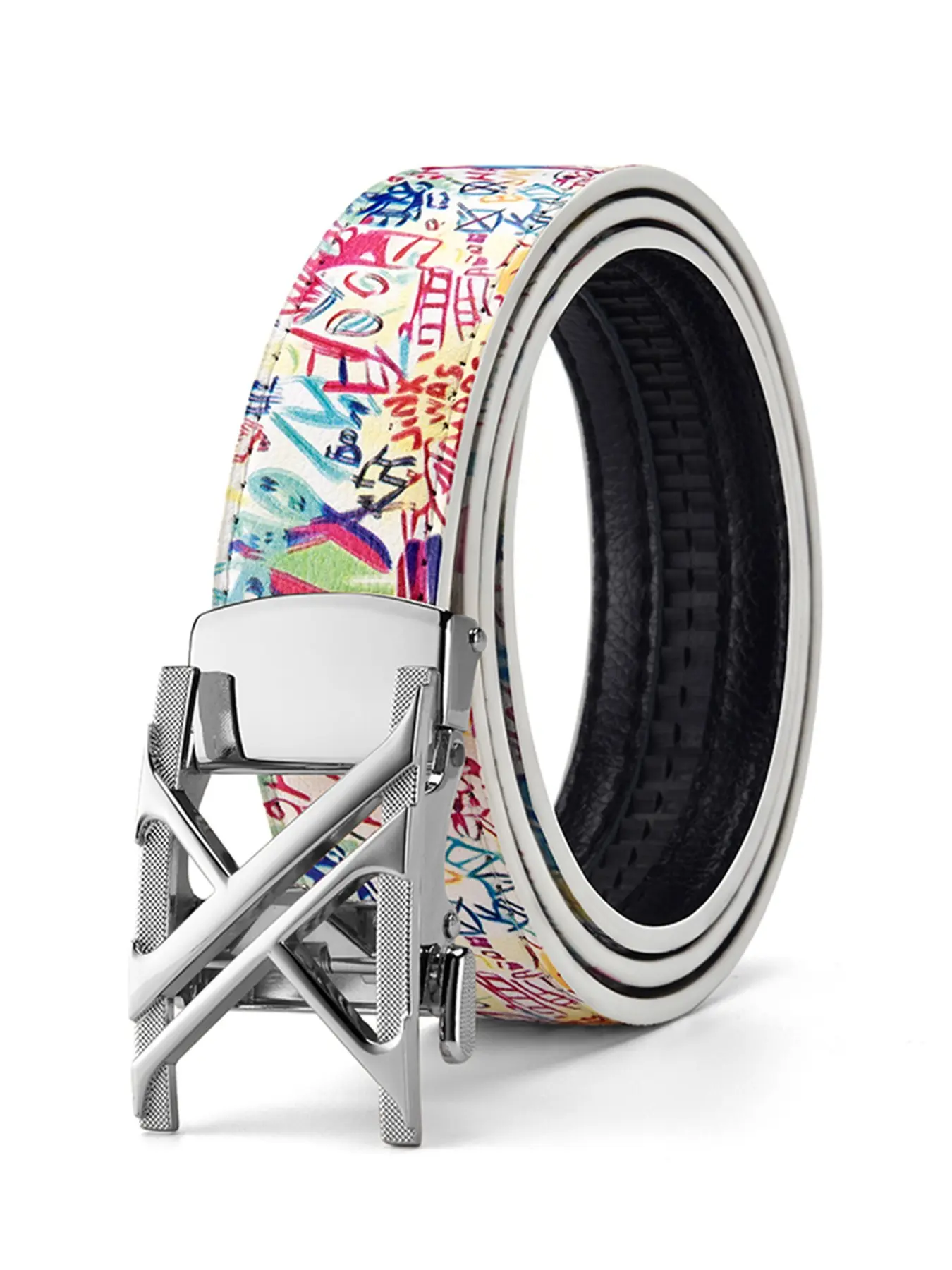 Colorful Graffiti Women's Automatic Buckle Belt, Unique Cool Personality Decorative Leather Belt, Street Style Print Female Waist Belt, Silver Color Letter Buckle, Fashion Belt