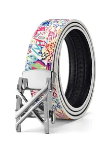 Colorful Graffiti Women's Automatic Buckle Belt, Unique Cool Personality Decorative Leather Belt, Street Style Print Female Waist Belt, Silver Color Letter Buckle
