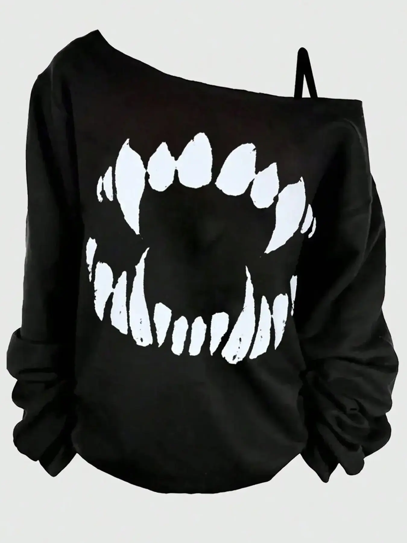 Soft Comfortable Loose Fit Goth Punk Streetwear, Style, Halloween Monster Fangs Graphic Off Shoulder Long Sleeve Top, Dark Aesthetic Slant Irregular Shoulder Casual Long Sleeve Blouse For Women Daily Club Party Gothcore Alt Goth Streetwear Outfits