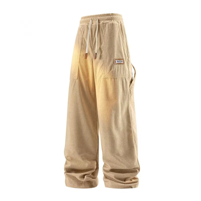 Men's Beige Corduroy Wide-Leg Cargo Pants - Minimalist Menswear, Elastic Drawstring Waist, Small Label Patch, Multi Pockets, Athletic Sweatpants for Daily Streetwear, Plain, Simple, Baggy Cargo Men's Pants, Cargo Style