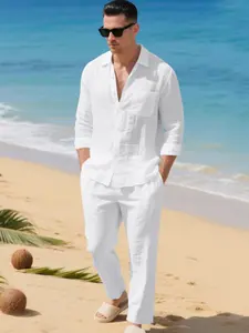 Men's Linen Casual Loose-Fit Tropical Hawaiian Holiday Henry-Neck Hooded Long-Sleeved Top and Trousers Set