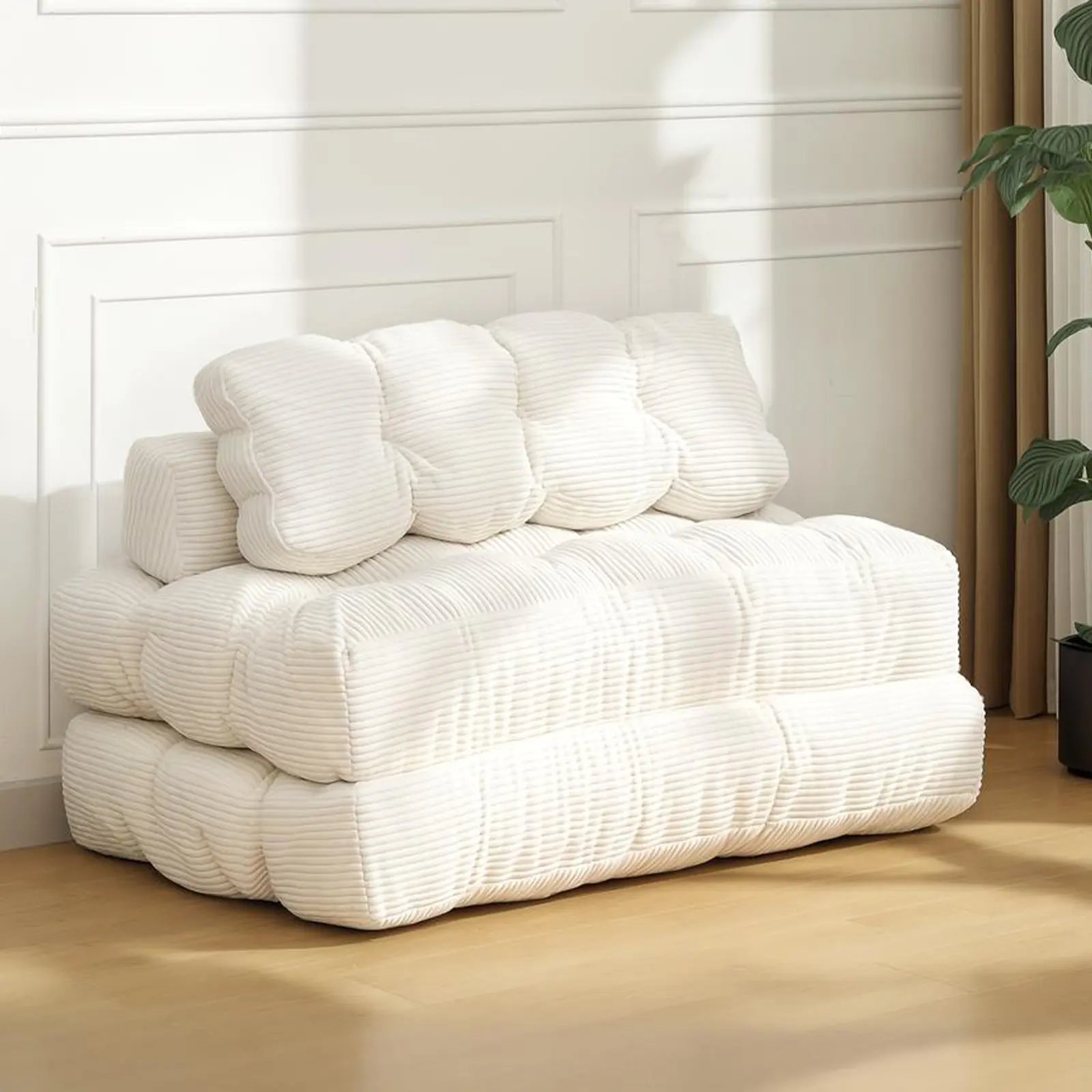3-in-1 Folding Convertible Sofa Bed with Pillow Foldable Matress with Back Support, Comfy Portable Sleeper Chair Floor Sofa Lounge for Living Room Bedroom, No Assemble Required, Beige Double
