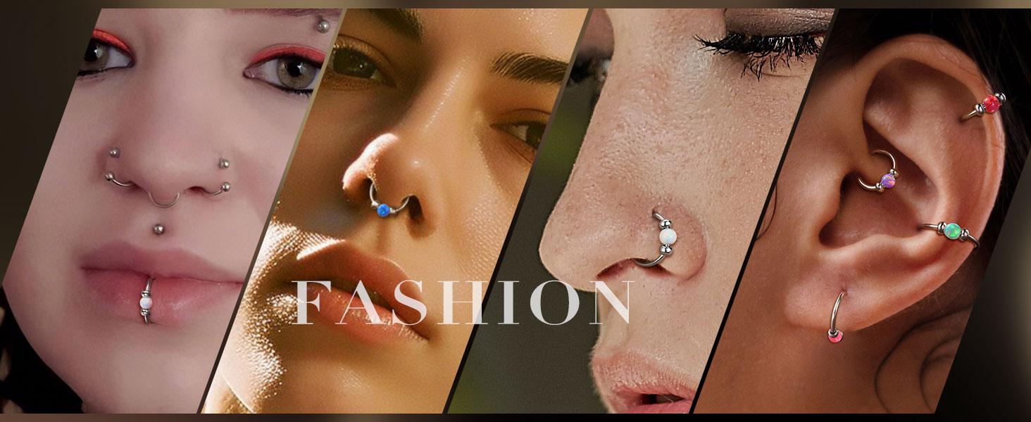 2PCS 316L Surgical Steel Nose Rings Hoop 18g 20g Opal Nose Rings for Women Septum Rings 8mm/10mm Nose Piercing Jewelry Cartilage Earring