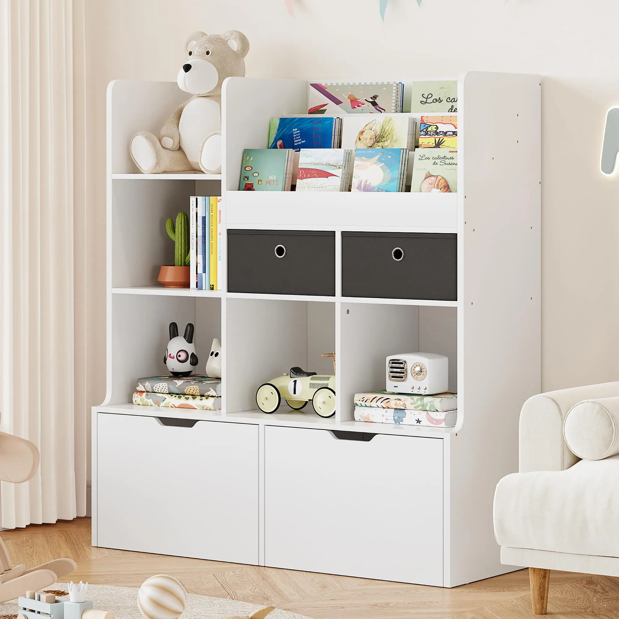 Spacious Kids Wooden Bookshelf with 4 Drawers - 47.8in Modern Bookcase with Cubbies - Toy Storage Organizer & Display Cabinet for Nursery, Kids Room, Playroom, Study Room