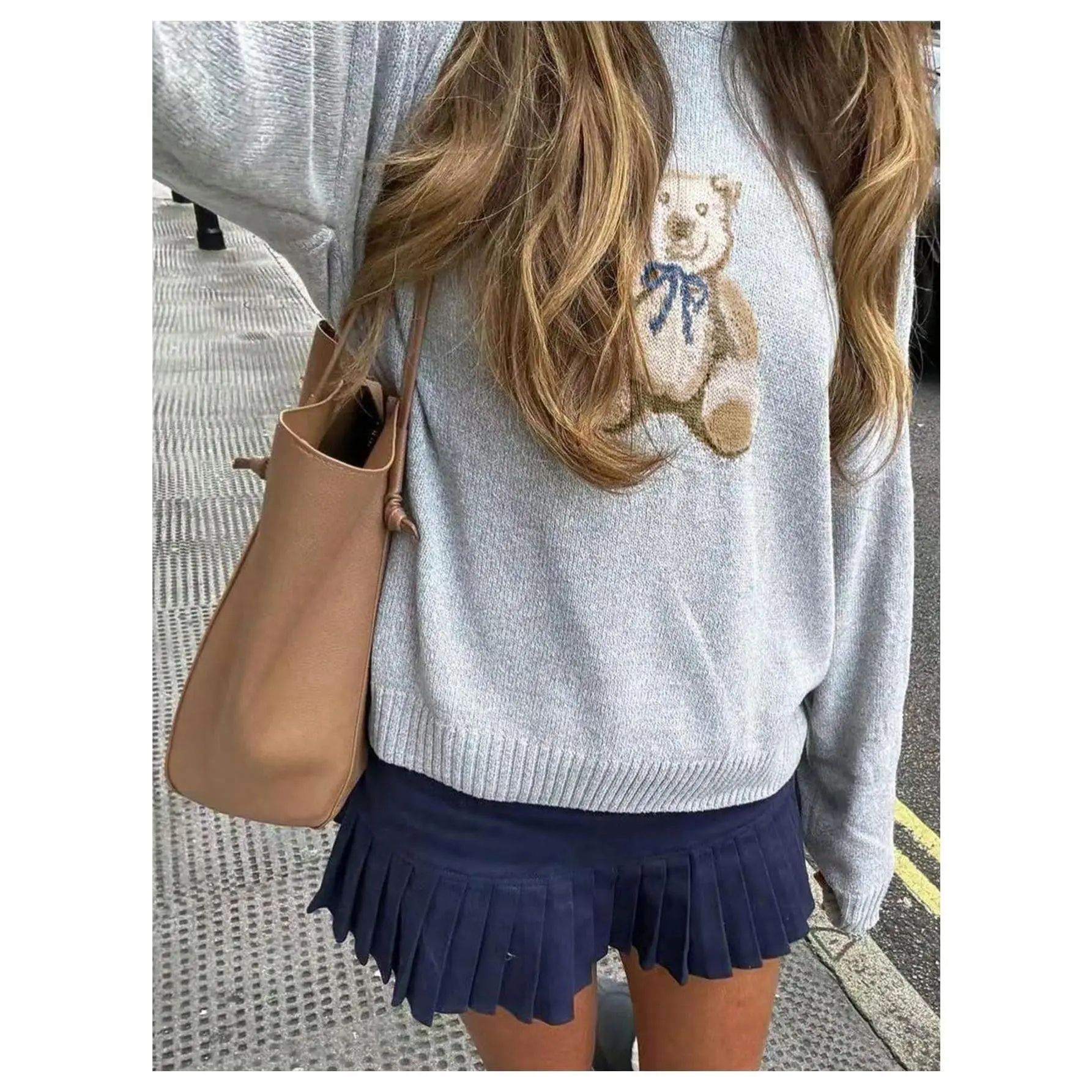 Bear Embroidery Long Sleeve Pullover Sweater Cute Crew Neck Knitted Tops