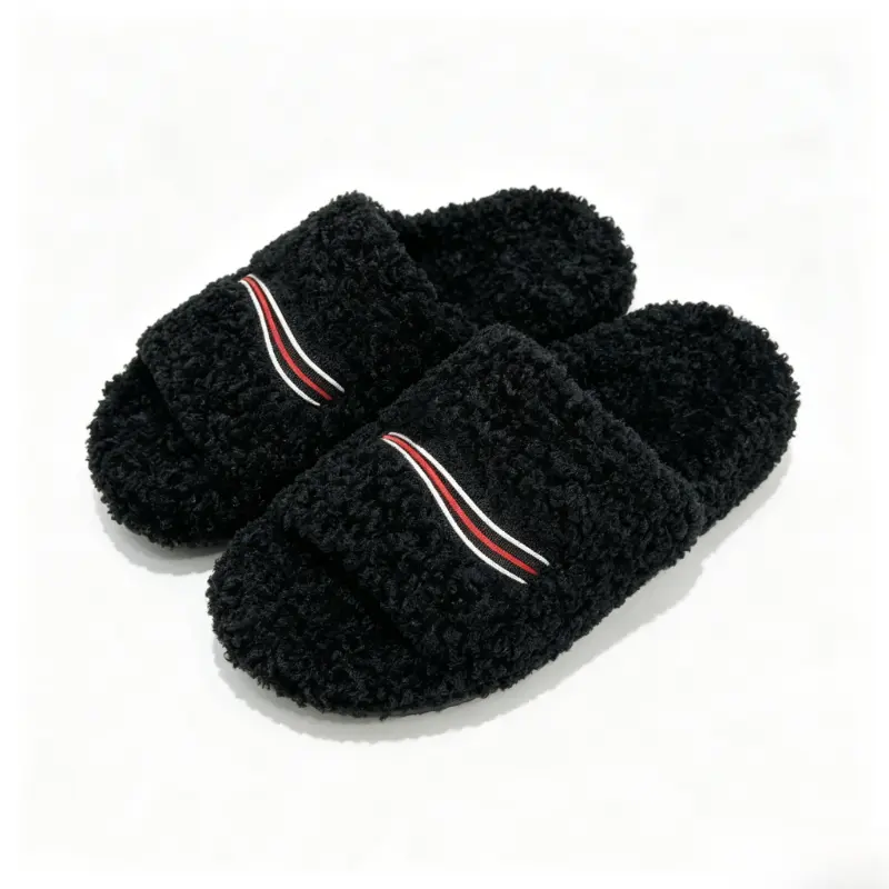 Cozy Fuzzy Faux Shearling Slide Slippers, Striped Accent Open Toe Fur Sandals, Soft Plush Warm Indoor House Shoes, Fashion Street Style Casual Outdoor Flat Slides Couple Footwear