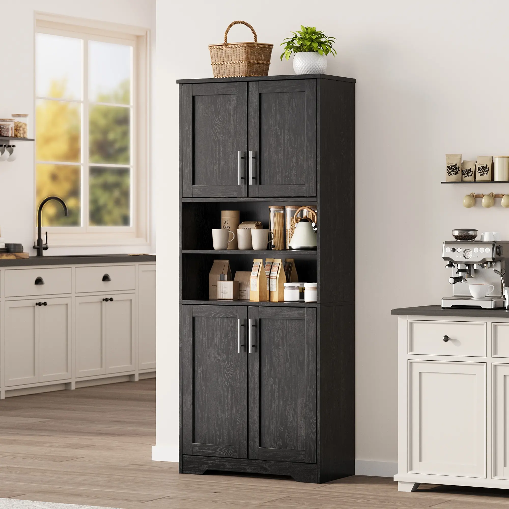 67" H Tall Storage Cabinet – Freestanding Bathroom Cabinet with 4 Doors and Adjustable Shelves – Modern Cupboard for Kitchen, Pantry, Living Room, Bathroom, Entryway, Laundry Room