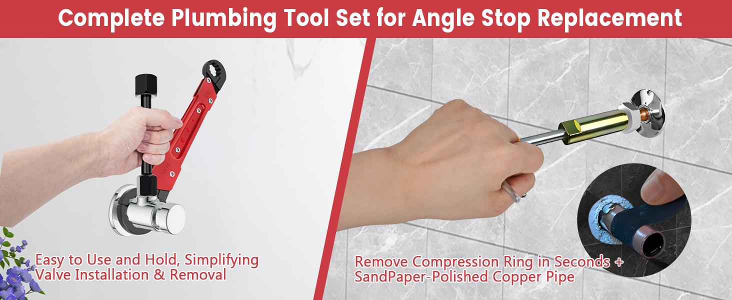 6 Pcs Plumbing Tools Kit with Angle Stop Wrench & 1/2-Inch Compression Sleeve Puller, Professional Plumbers Wrench, Sandpaper and Storage Bag for Frozen/Corroded Angle Stop  HARD EDGEHARD EDGE