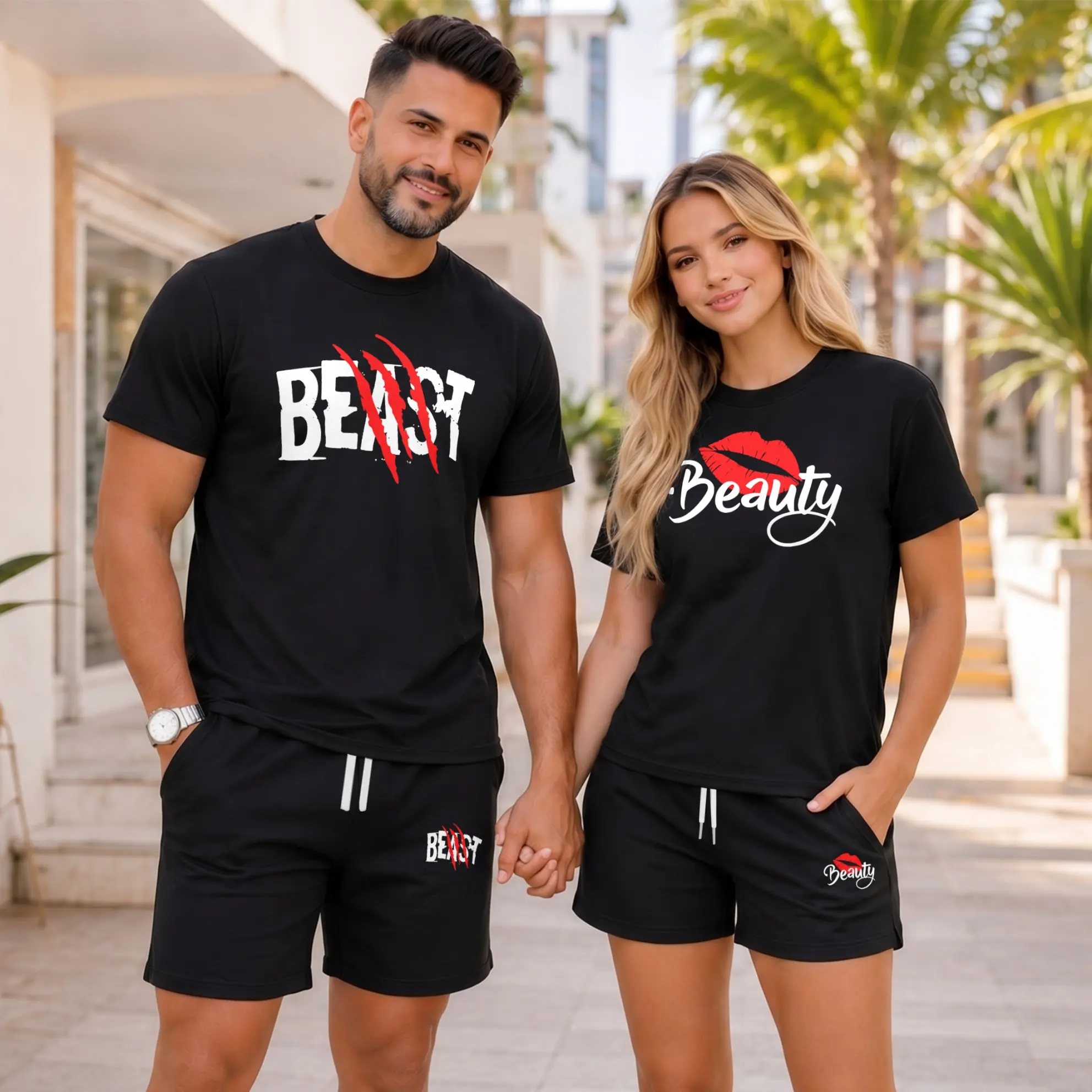 Matching Couple Beauty and Beast Short Sets, Graphic Tee and Shorts Two Piece Outfit, Soft Casual Summer Matching Set for Couples, Vacation, Streetwear, Weekend, Daily Style