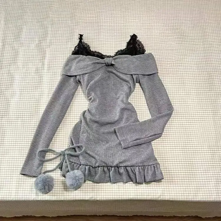 Summer Women Y2k Shoujo Girl 2000s Kpop Korean Outfits 2 Piece Set Long Sleeve Tops + Coquette Ballet Core Mini Lace Dress
