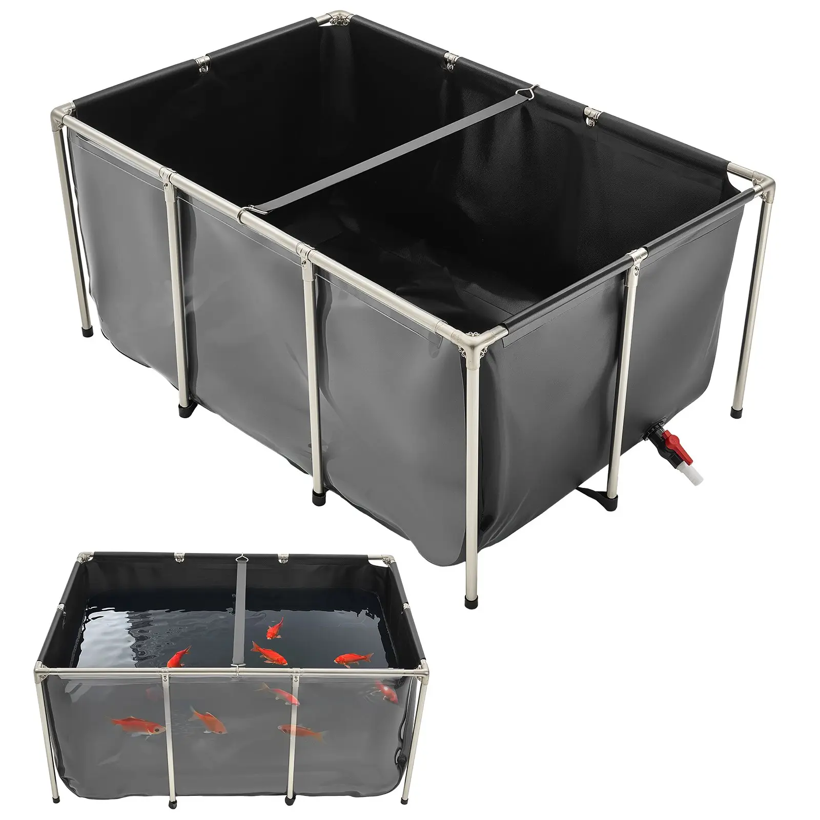 【Summerfinds】VEVOR Canvas Fish Pond, 270 Gal Above Ground Fish Pond, PVC Koi Tank with Clear Viewing Panel, Rectangular Goldfish Tank with Stainless Steel Frame Drain Valve, for Breeding Koi, Irrigation(Black)