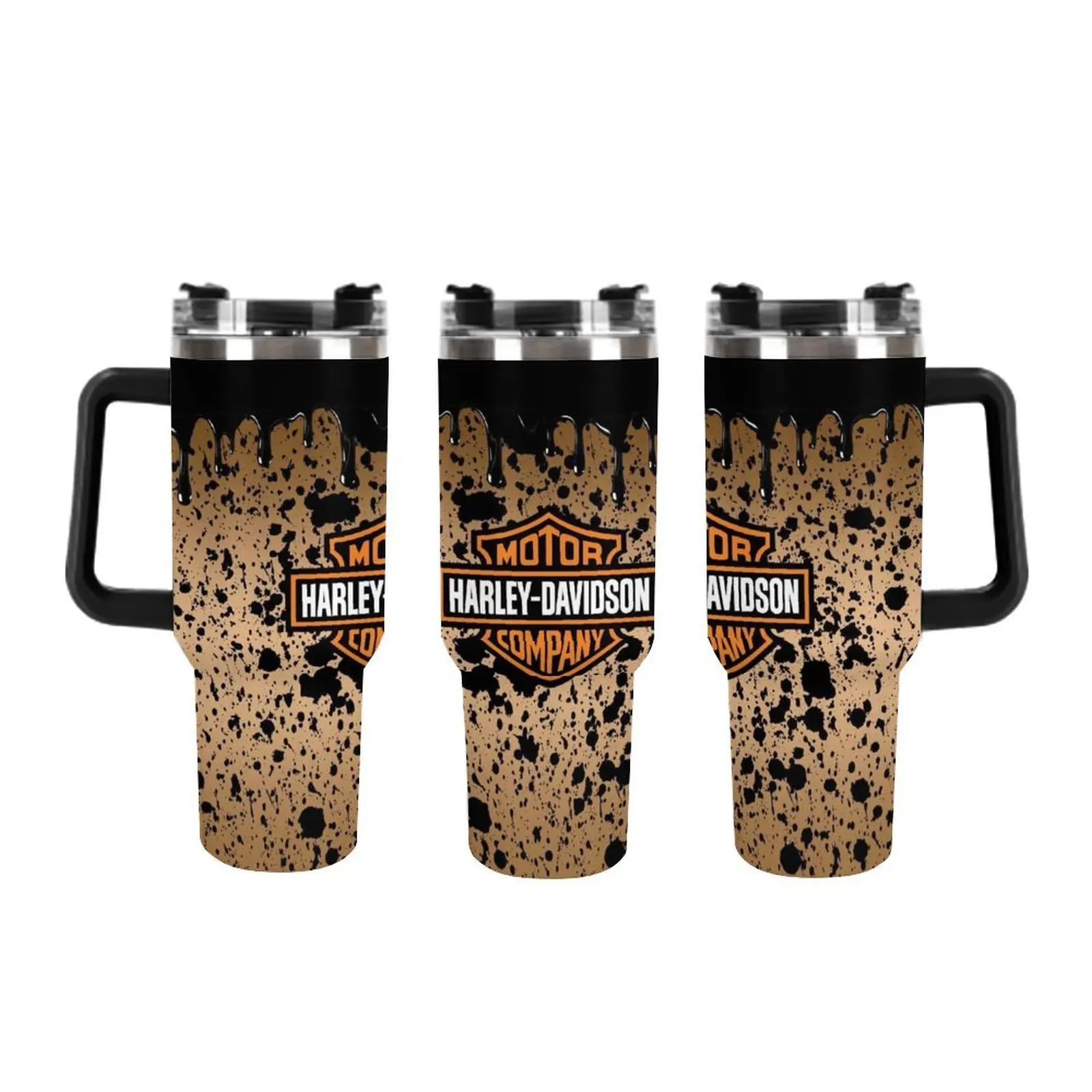 40oz Tan Splatter Biker Tumbler with Straw - Motorcycle Inspired Black Drip Print Insulated Cup, Leakproof Stainless Steel Travel Mug for Bikers & Riders