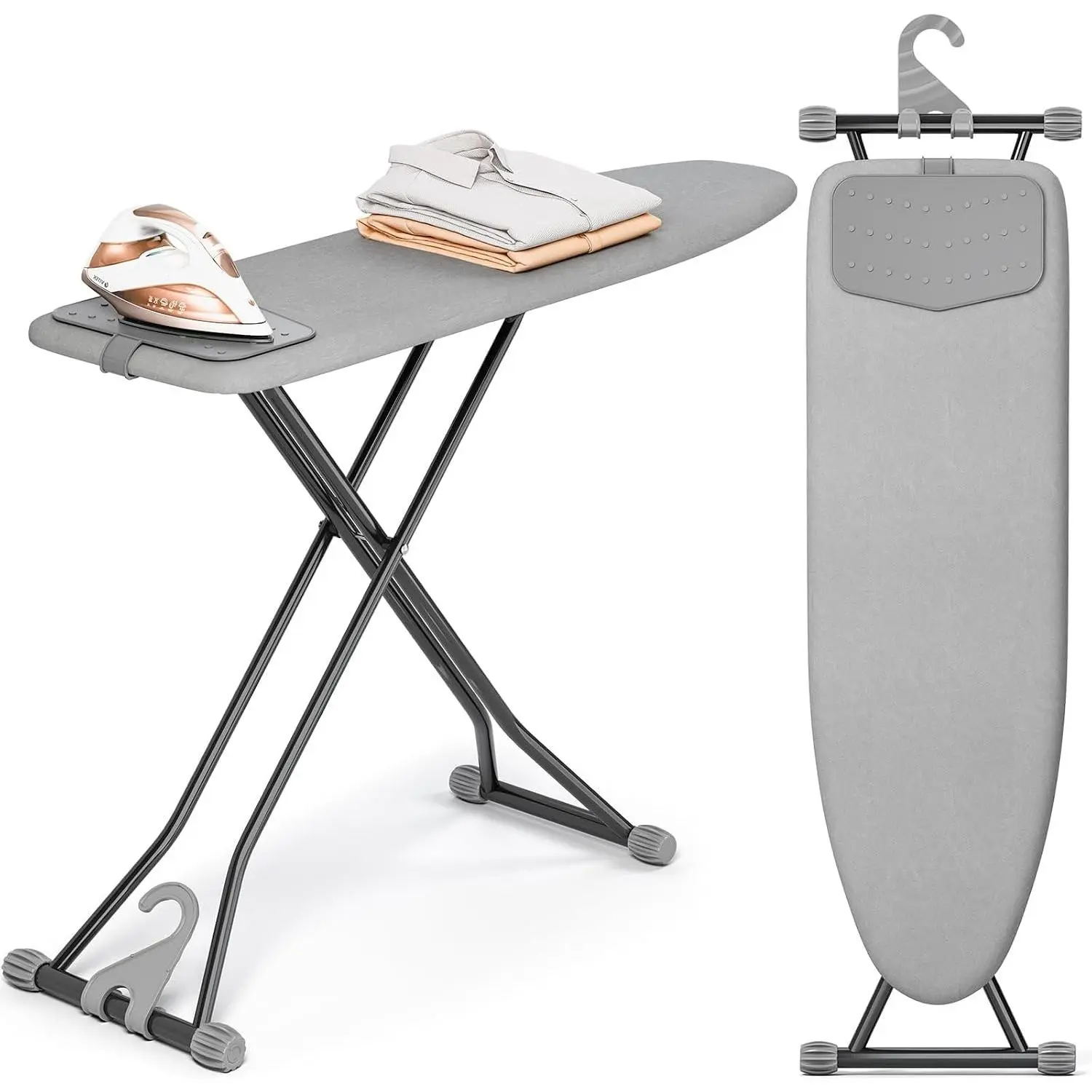 Foldable Compact Heigh Adjustable Ironing Board with Silicone, 13 x 43 inches Stander Size, 7-height adjustable with Heat Resistant Cover and safety lock, Foldable compact for space saving