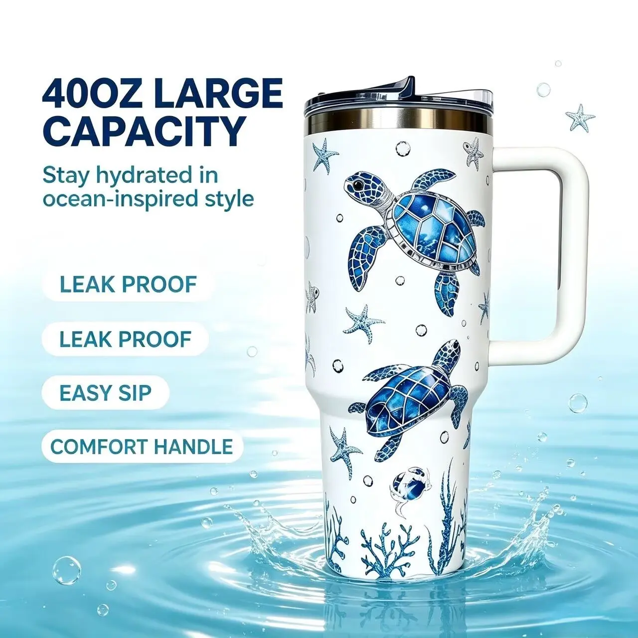 40oz Ocean Side Tumbler with Handle, Insulated Travel Mug, Fits Cup Holder, Stainless Steel Water Bottle for Car Commute