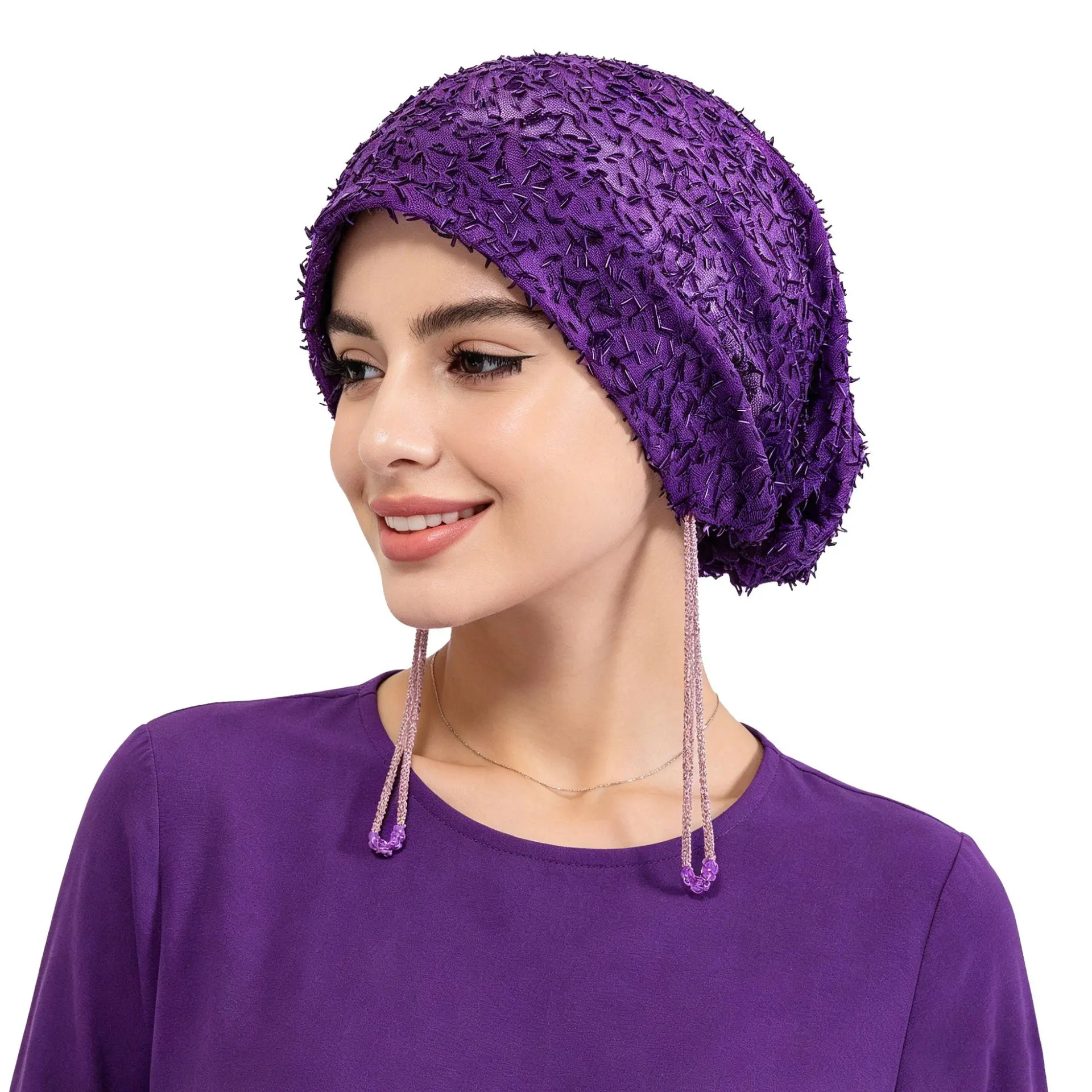 Viral Purple Textured Mesh Turban Beanie Cap with Beaded Drawstring Tassels Soft Stretch Full Coverage Headwrap Women Church Evening Party Modest Fashion