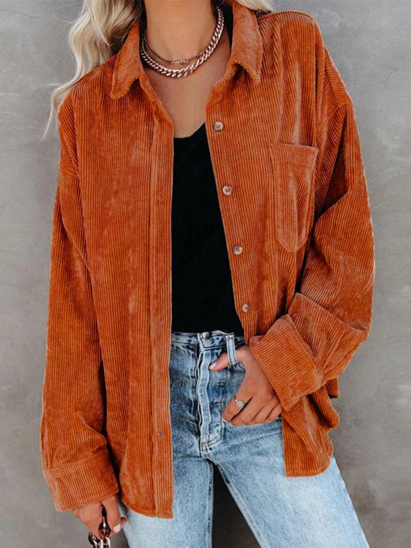 Women's Corduroy Button Collared Blouse Shirt With Pocket, Long Sleeve Loose Drop Shoulder Style For Spring & Fall