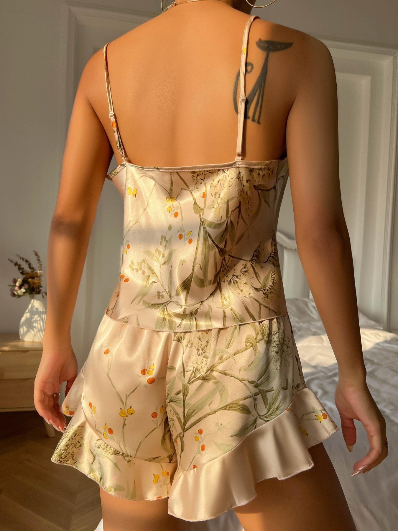 Two-piece Set Women's Floral Plants Print Cami Top & Elastic Waist Shorts Satin Pajamas Set, Adjustable Strap Top & Ruffle Hem Shorts PJ Set, Women's Sleepwear for All Seasons
