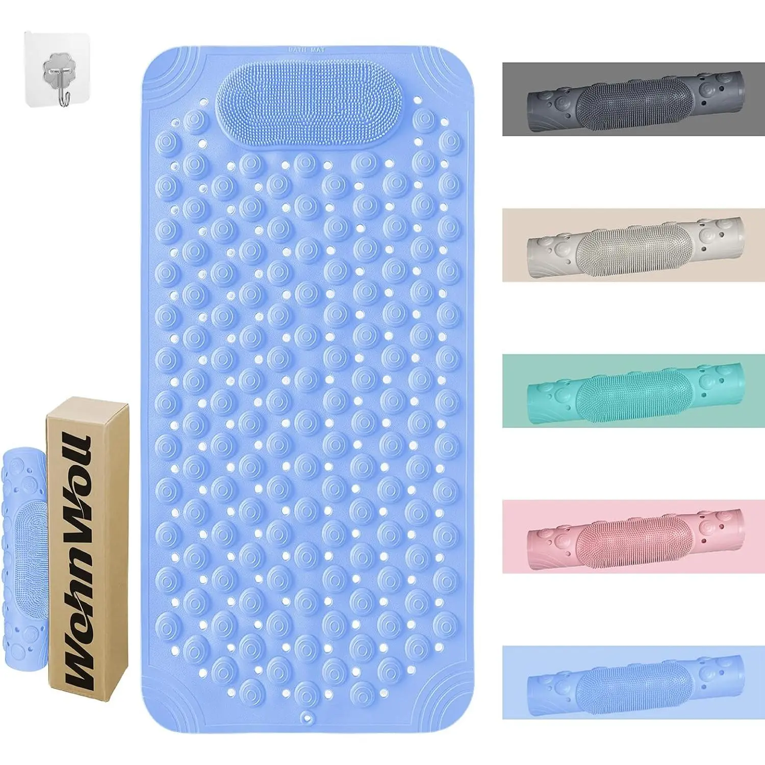 Blue Non-Slip Soft Bathtub Shower Mat (32x20"), Home Bathroom Gadget with Massage Brush, Massage Points, Bubble Dots, Suction Cups, Drain Holes, Quick Drying, Soft Grip for Wet Area Relaxing Daily Use