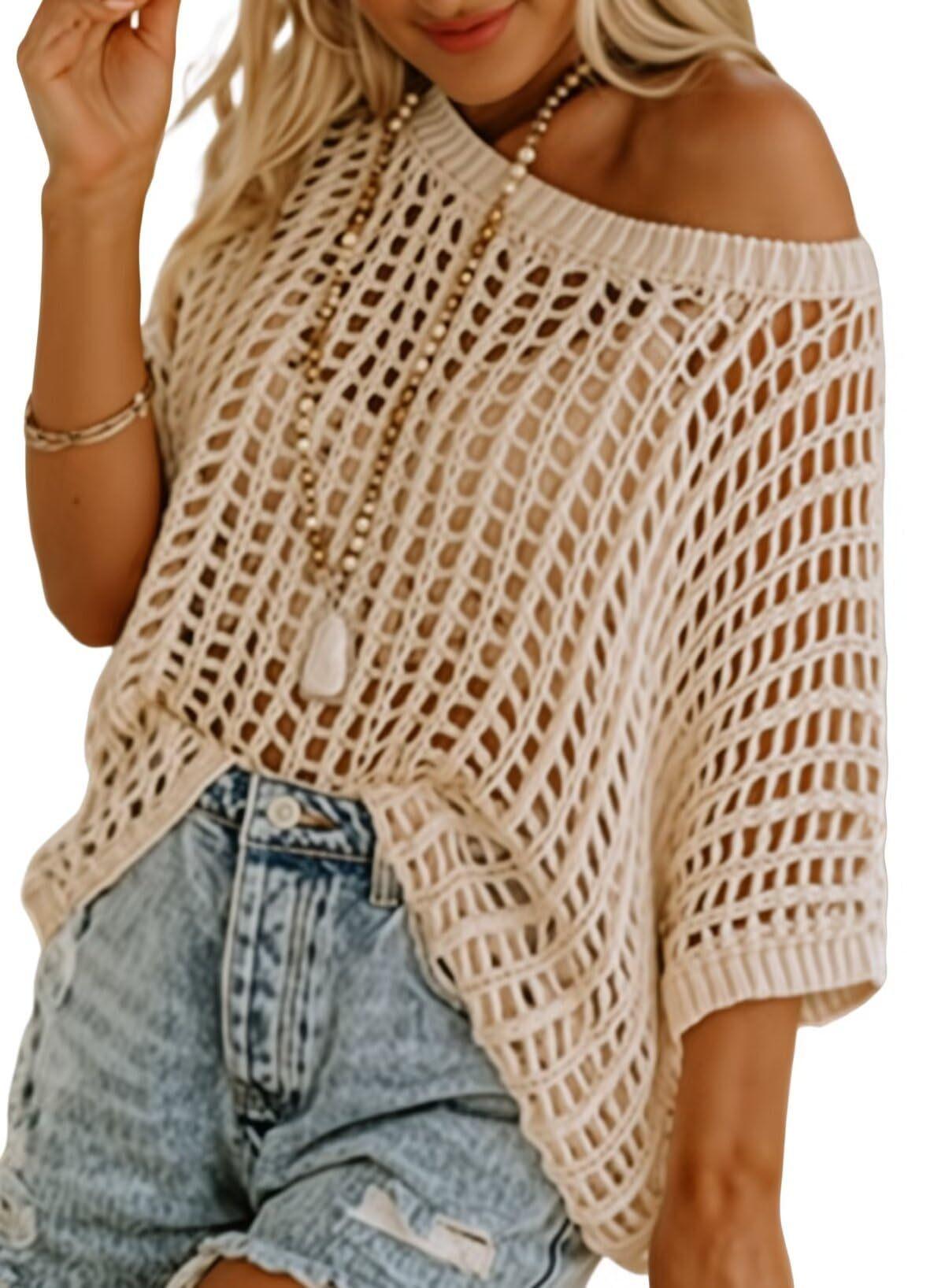 2026 summer five-quarter sleeve sexy hollow top pullover beach blouse knitted sweater women