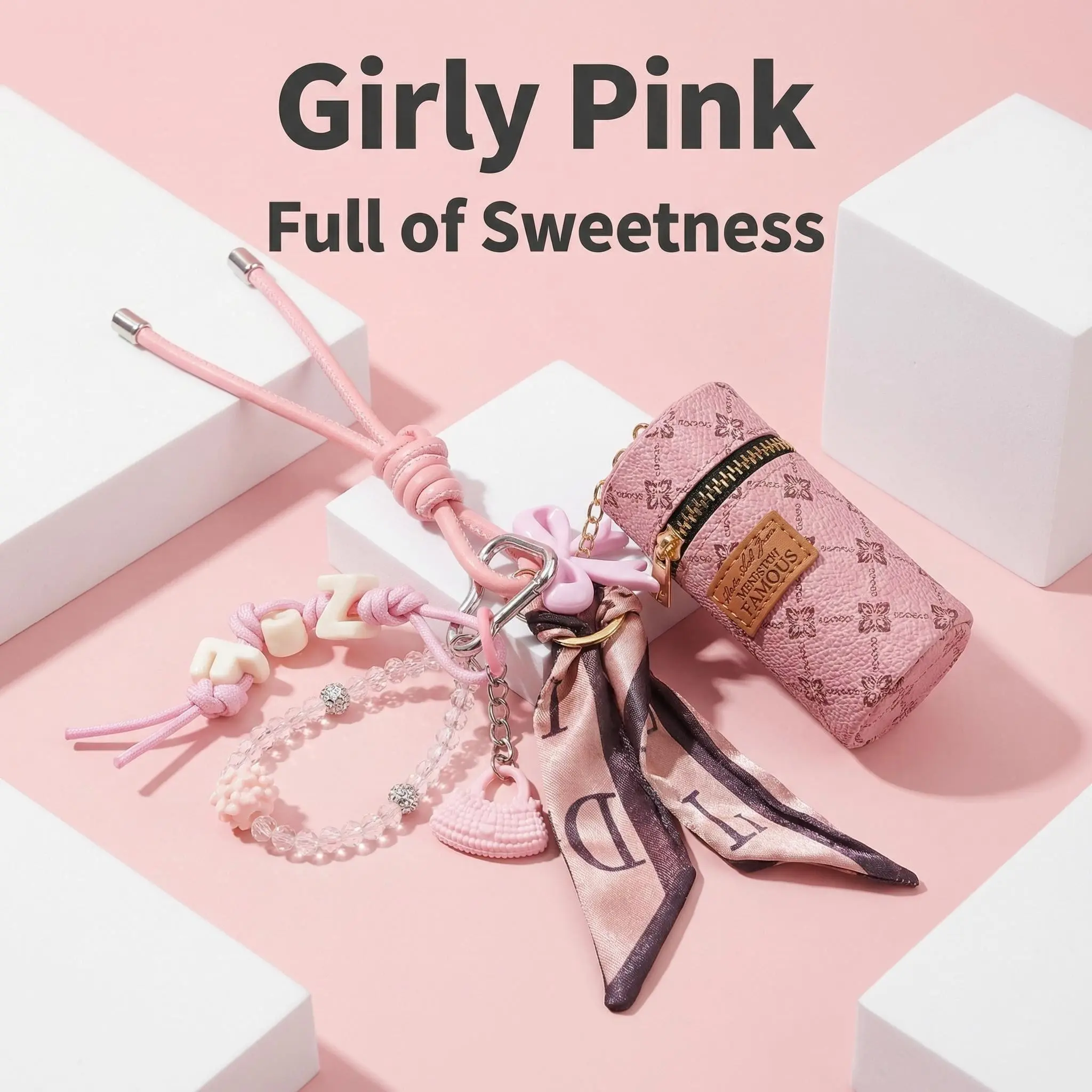 Kawaii Accessories Keychain for Teenage Girls, Floral Lattice Print Coin Pouch with Braided PU Leather Wrist Strap and Beaded Bracelets with Pearls, Crystal Beads