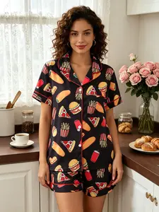 Women's Pajama Set, Burger Fries Pizza Print, Comfortable Casual Sleepwear, Short Sleeve Button-Up Top & Elastic Shorts, Home Wear Gift