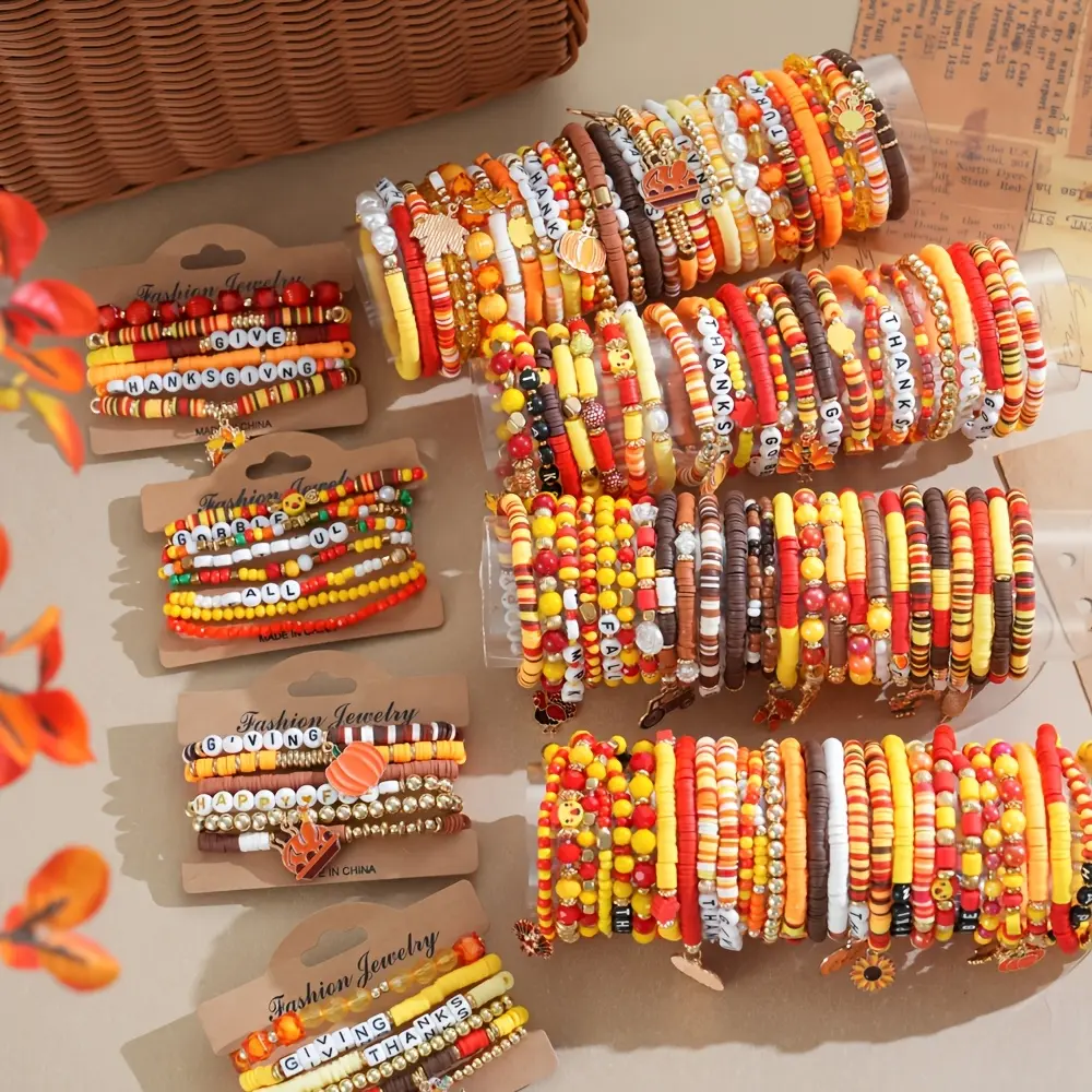 45Pcs Handmade Thanksgiving Polymer Clay Stackable Bracelet Set, With Fall Leaf Pumpkin Turkey Polymer Clay Letter Bead Handmade Elastic Bead Bracelet Set, Suitable for Men And Women Parties Gift