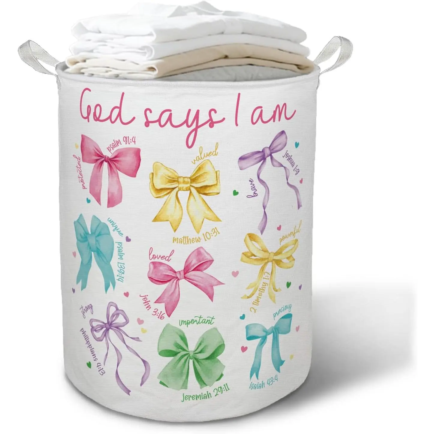 God Says I Am Colorful Bow Laundry Basket Hamper, Coquette Christian Bible Verse Foldable Clothes Toys Books Storage Box Bins Baskets Organizer for Girls Bedroom Bathroom Apartment