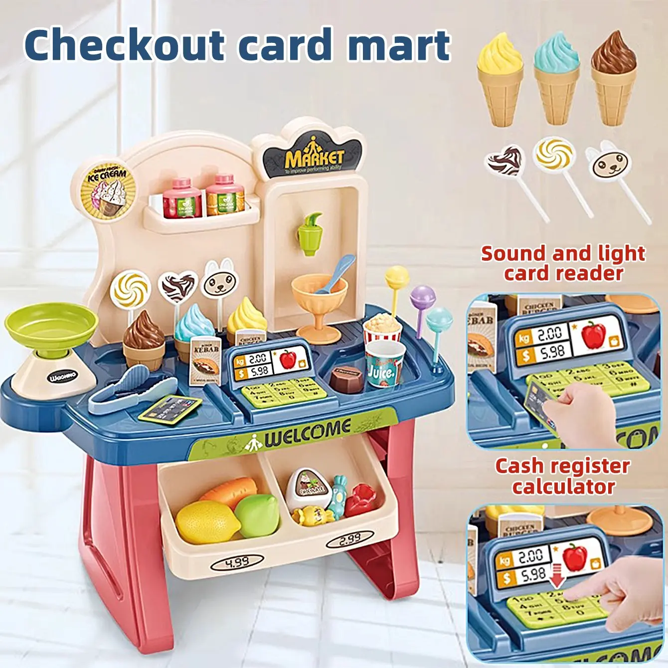 One mini supermarket shopping cart playset, a pretend supermarket checkout counter accessory for card payment, a children's game gift, no battery included.