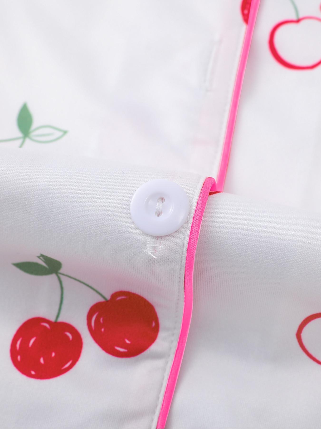 Women's Cherry Print Shirt & Elastic Waist Shorts Pajama Two-piece Set, Casual Comfy Short Sleeve Top & Shorts Pj Set, Ladies Sleepwear for All Seasons, Womenswear, Pyjamas