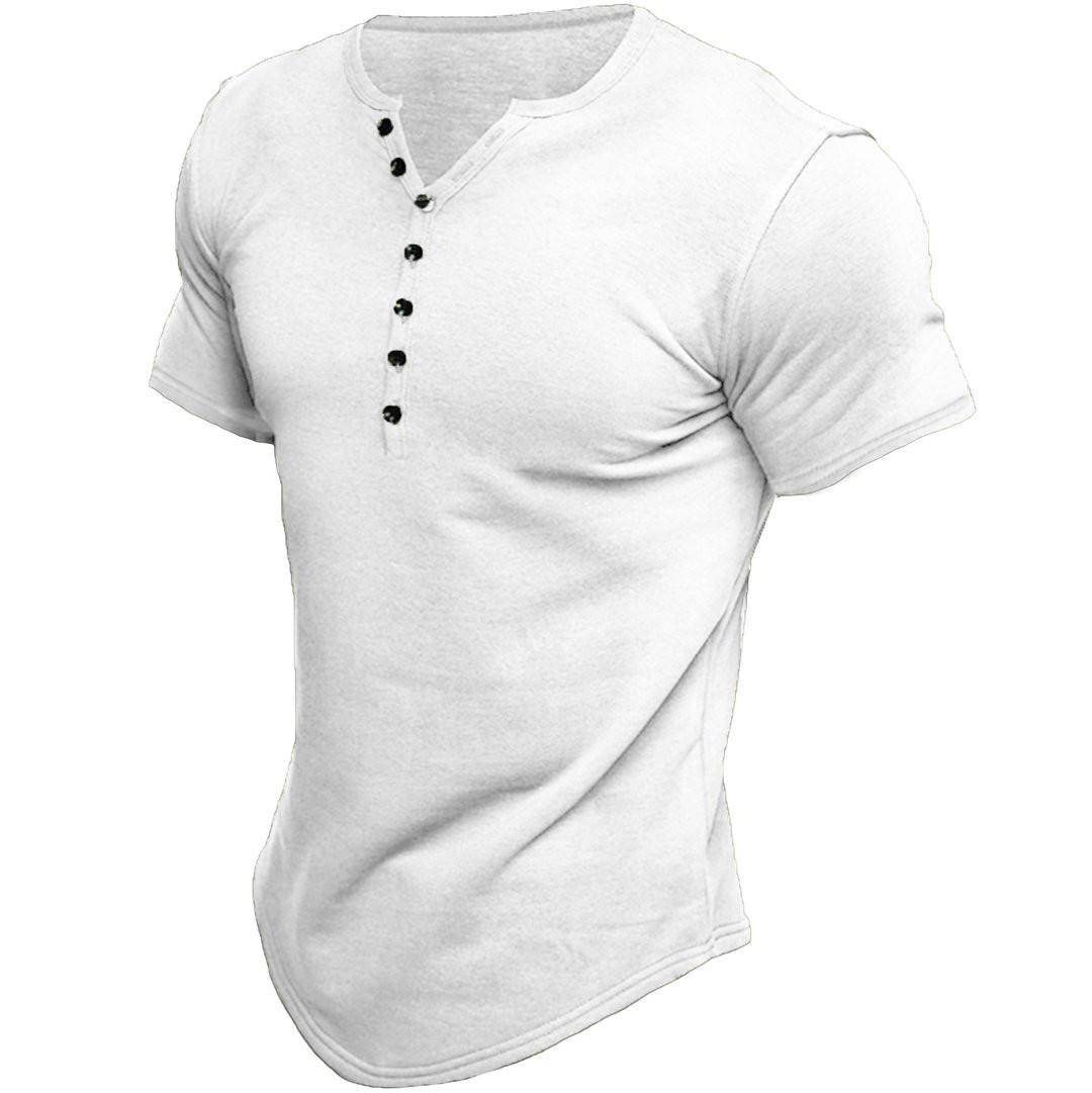 Summer Men's Henley Shirt Short Sleeve Solid Color Button T-Shirt Top