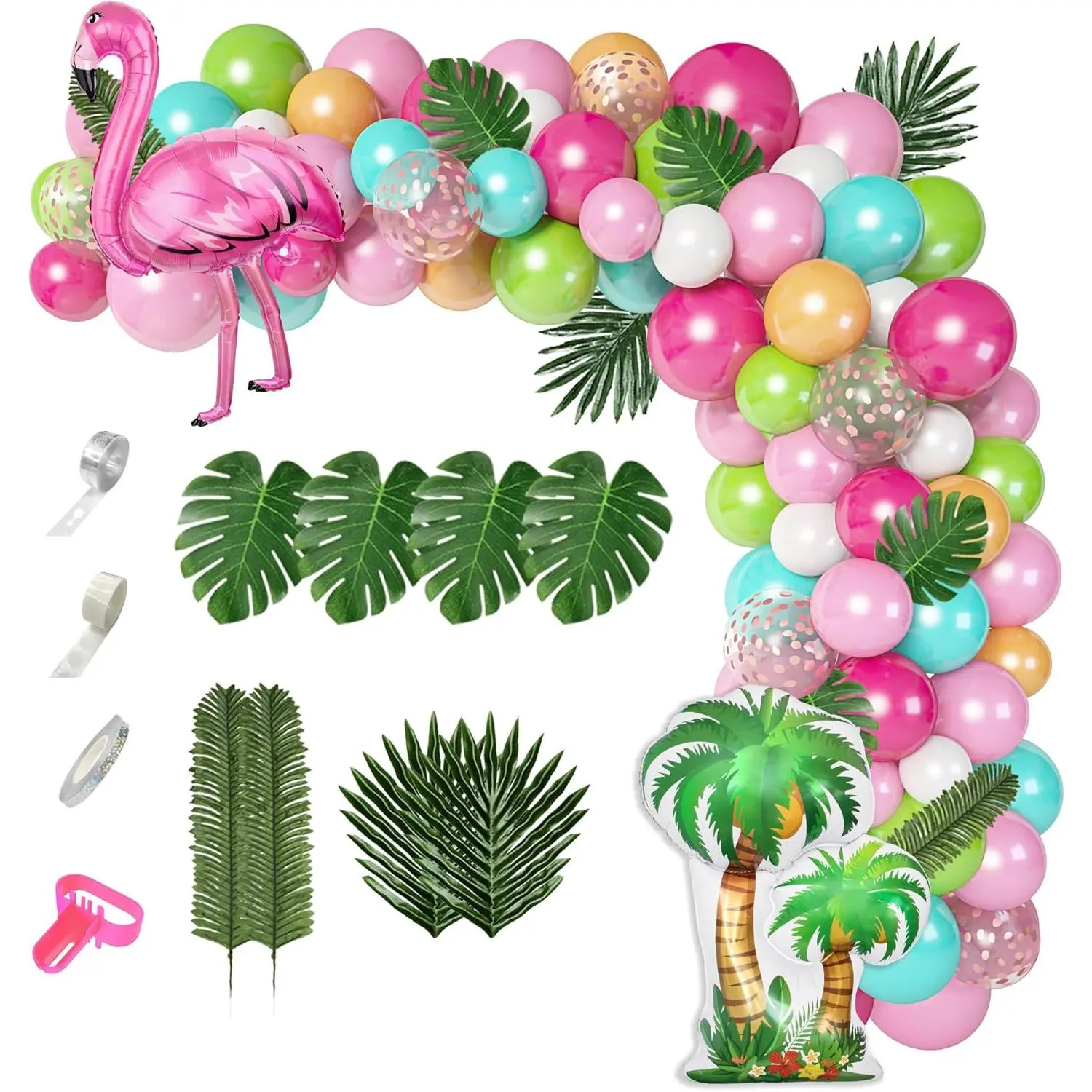 132Pcs Tropical Flamingo Balloons Garland Kit, Flamingo Foil Balloons Green Pink Aqua Blue Confetti Balloon Palm Leaves Shower Hawaiian Luau Birthday Party Decorations Supplies