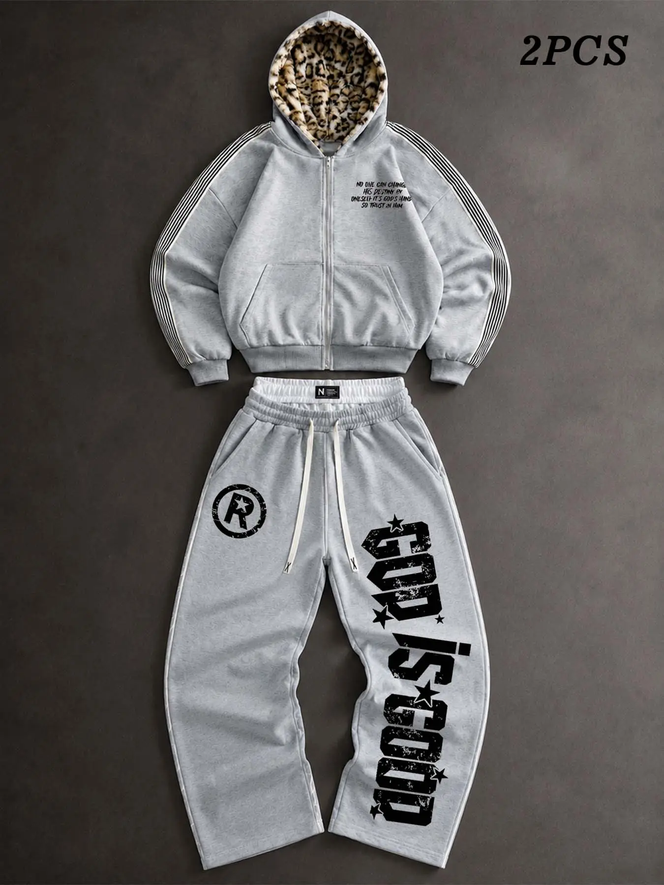 Unisex two-piece sportswear set, athleisure tracksuit, featuring a leopard print lined zip-up hoodie with stripes & letter-printed wide-leg sweatpants. Retro street style. Perfect choice for everyday outings, skateboarding, and casual hangouts.