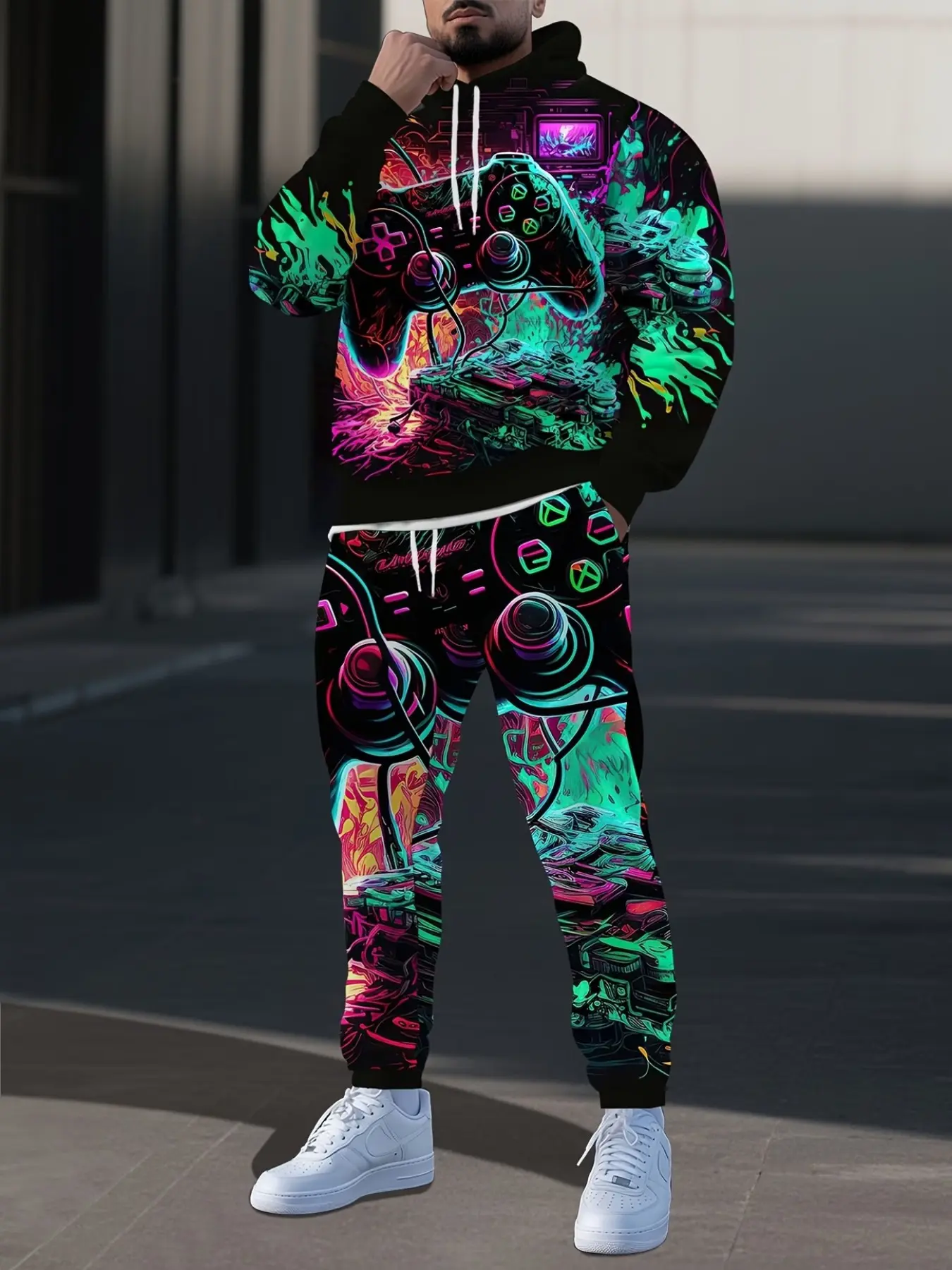 Cyberpunk Gaming Controller Full-Print Digital Print Men's Hoodie Set, Sporty Long Sleeve Sweatshirt + Drawstring Pants, Fall & Winter