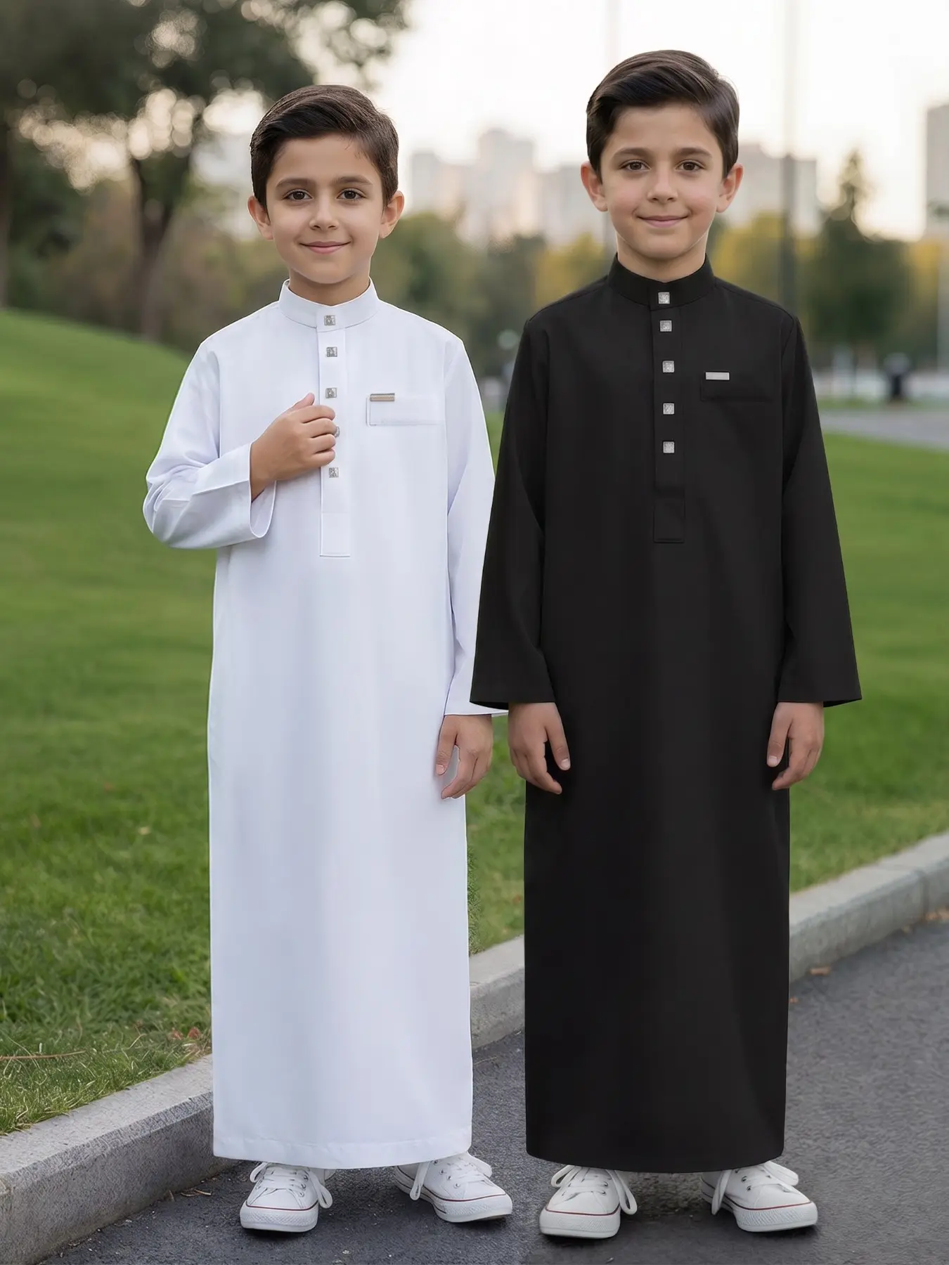Classic Muslim Boy Long Thobe Robe, Metal Square Button Front, Stand Collar, Long Sleeve, Side Pockets, Suitable for Ages 8-12, Casual & Festive