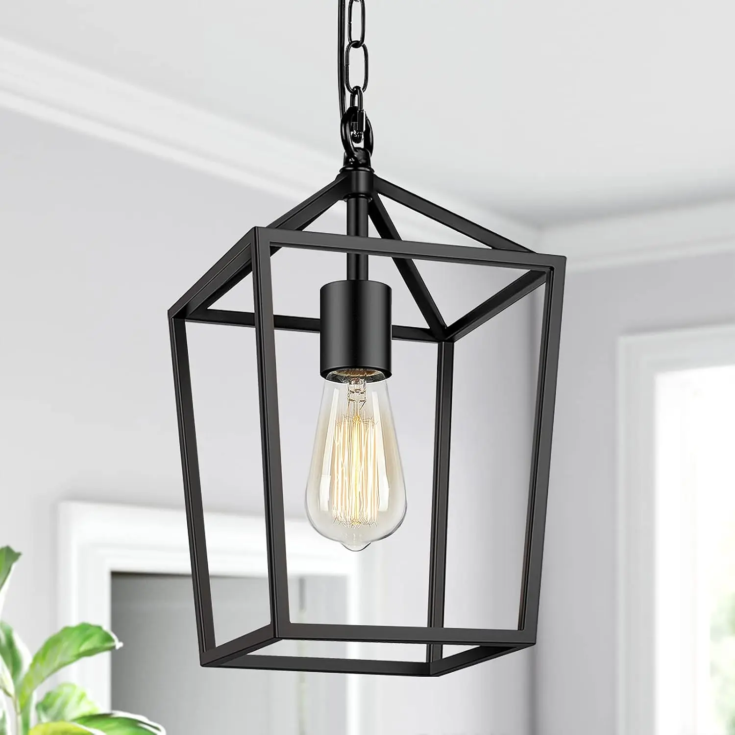 Modern Rustic Farmhouse Black Metal Cage Pendant Light - Industrial Hanging Fixture with 49in Adjustable Chain, Snap Hook, Wire, Quick Installation for Kitchen Island, Front Porch, Flat & Sloped Ceilings, Metal Frame
