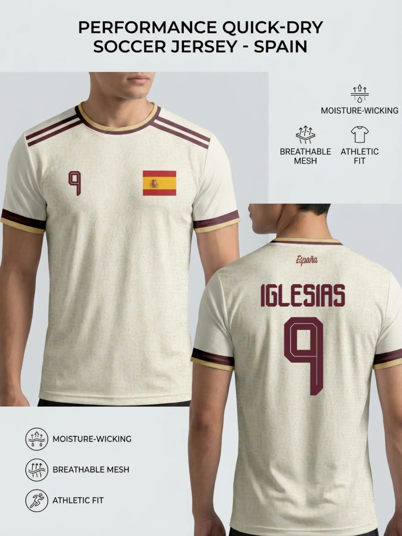 Spanish Classic Fan T-Shirt, Lightweight Quick-Dry Sporty Fabric, Breathable Sweat-Wicking, Slim Fit, All-Season Casual Top, Activewear T Shirt, Lightweight Athletic Tee