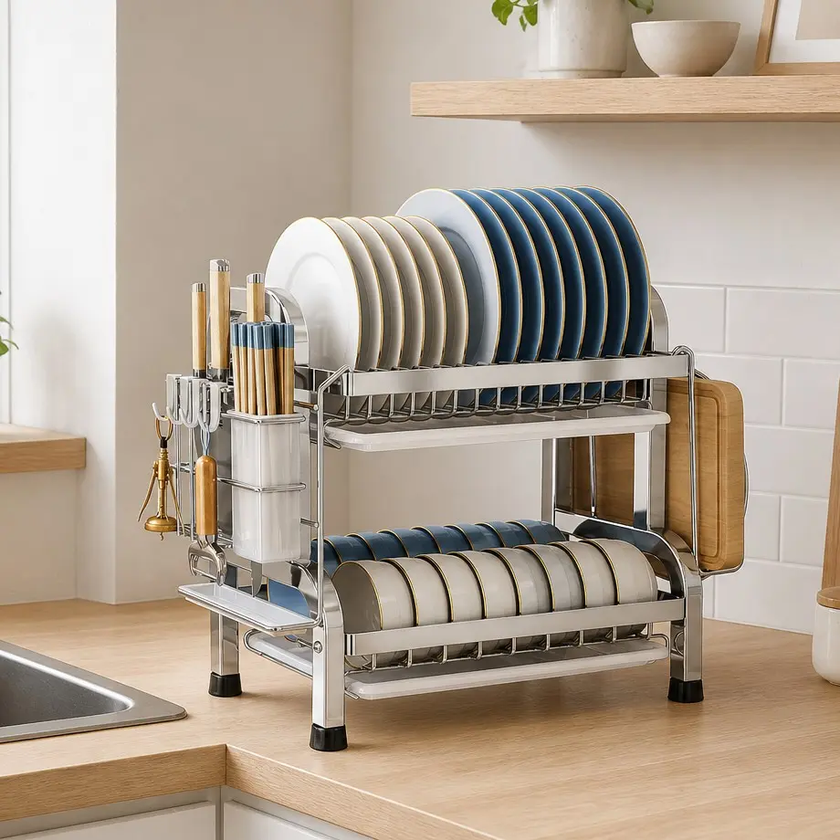 1 pc, stainless steel dish rack,Large-Capacity Space-Saving Storage Rack,Includes a drip tray,Automatic dish drying rack,Height-adjustable,Kitchen countertop storage box,Ideal for storing knives, forks, chopsticks, cups, cutting boards, cookware