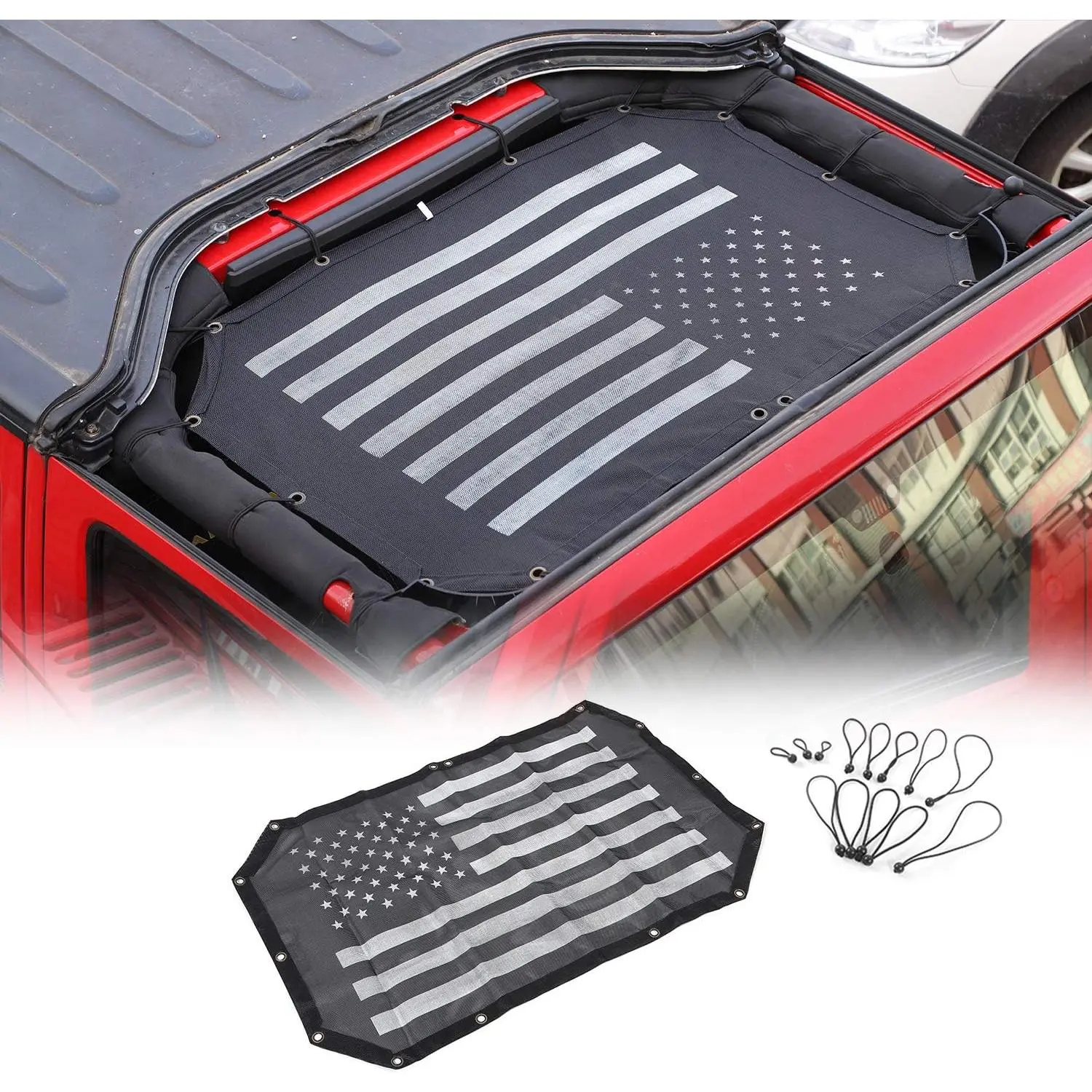 Mesh Sunshade 2 Door Durable Polyester Top Cover Provides UV Sun Protection for Jeep Wrangler JK & Unlimited 2007-2018 (Black and White American Flag)