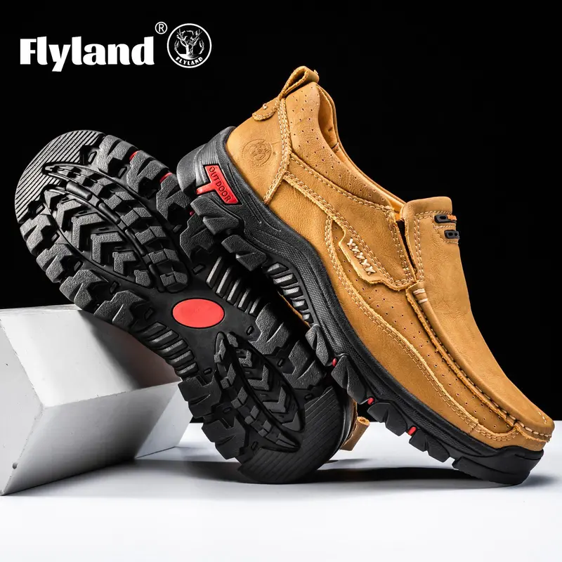 FLYLAND Men's Crafted Real Leather Ankle Quick Slip-On Loafers - Durable Casual Footwear for Business Casual Work, Vintage Flat Walking Shoes with Premium Touch, Brown, Durable Casual Shoes