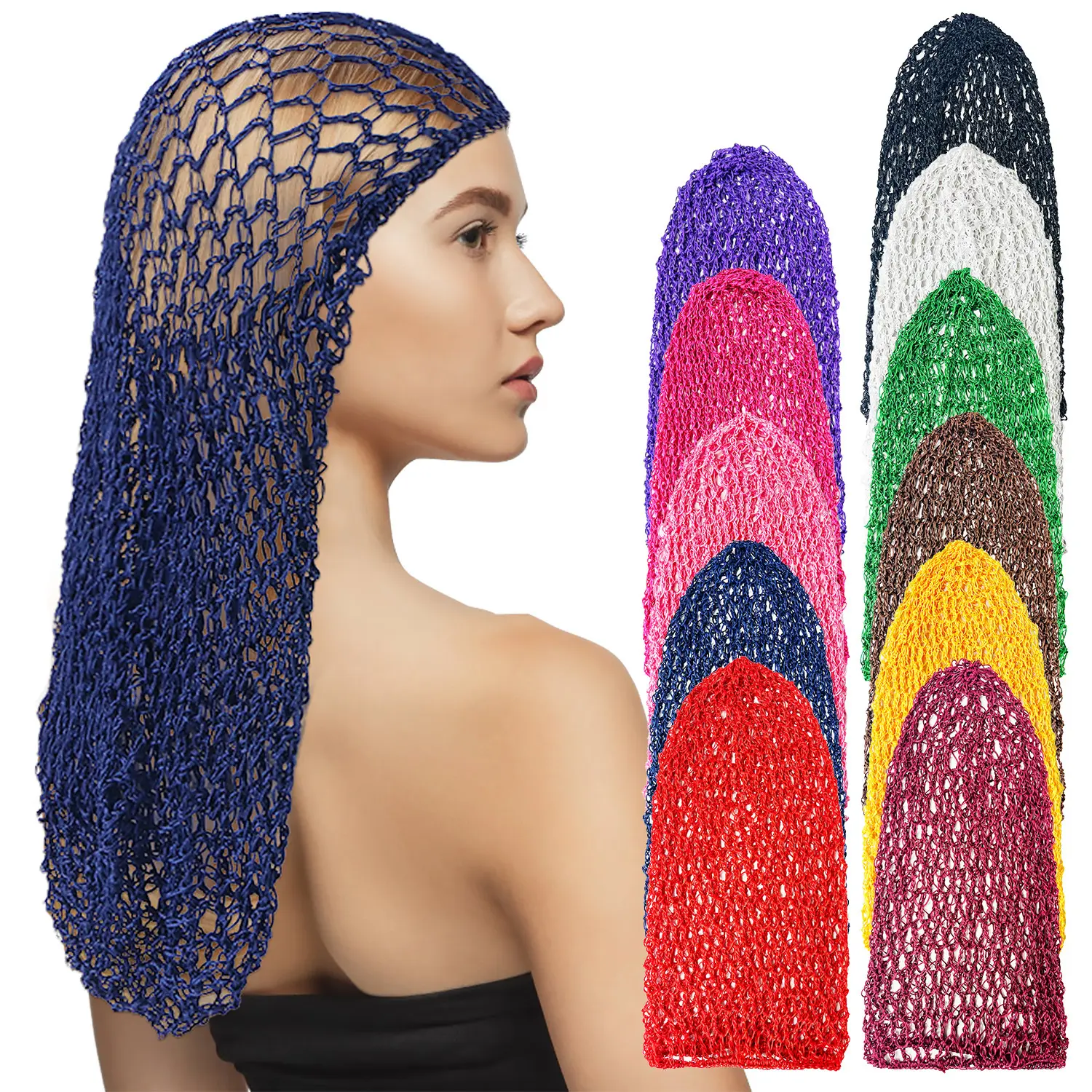 Women's Hand Crochet Hair Net, Extra Large Mesh Sleep Cap & Full Head Wrap in Thick Yarn for Long Hair, Heatless Haircare for Adults, Wear Over Hair