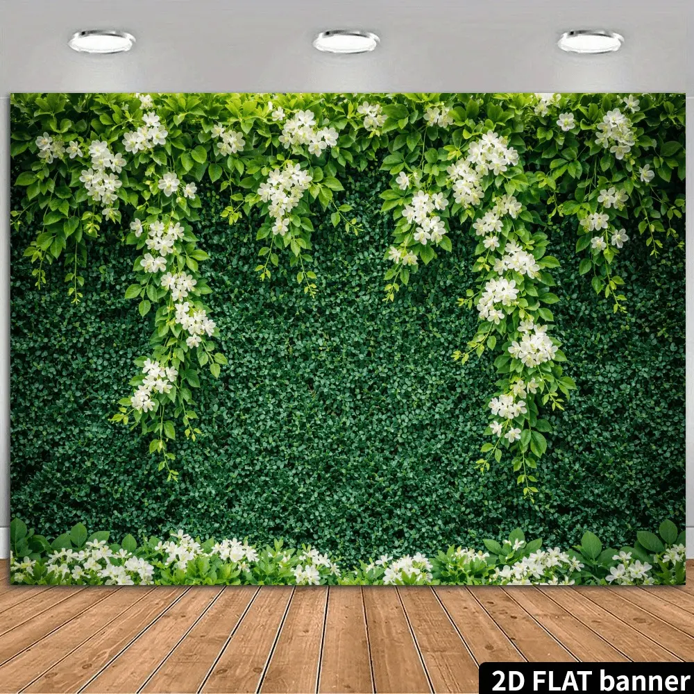 2D Flat White Flower Greenery Wall Banner | Lush Leaf & Cascading Floral Backdrop for Garden, Wedding & Party Decor | Single-Sided Polyester | Metal Grommets for Easy Hanging