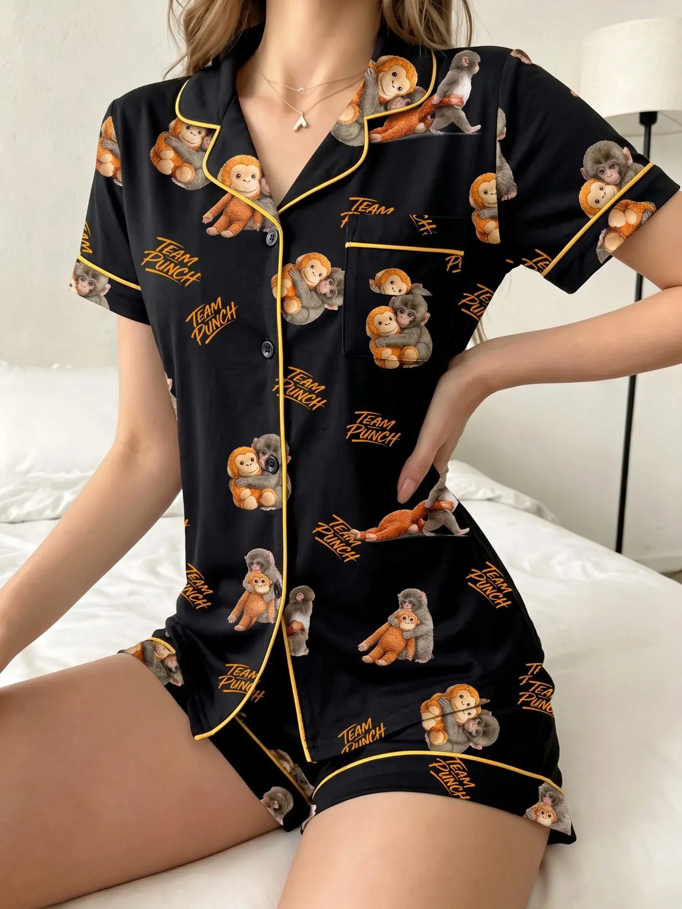Women's Sleepwear Pajama 2-Piece Set, Monkey Punch Pattern, Comfortable Nightwear, Fashion Soft Fabric, Casual Daily Wear