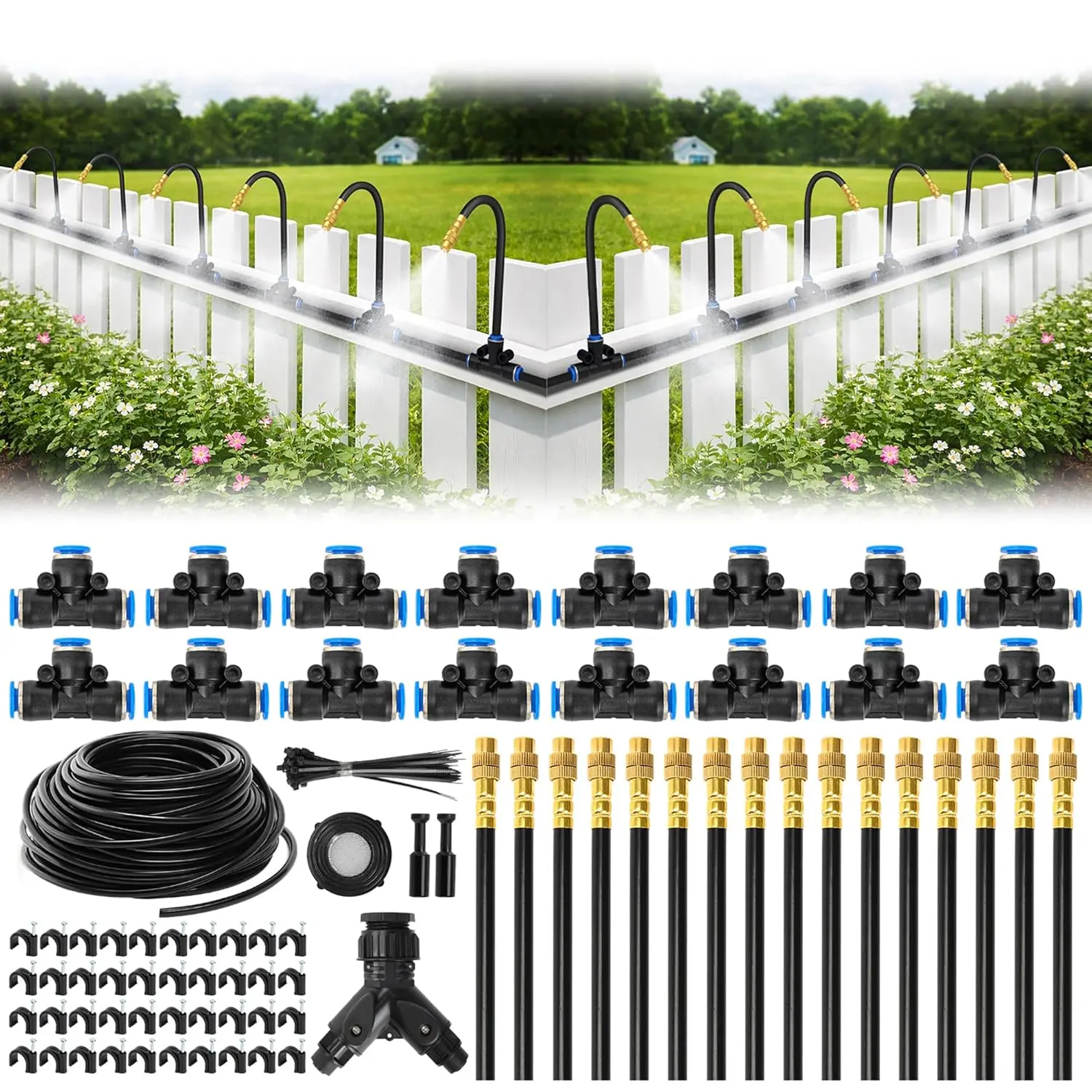 Pro-Series Drip Irrigation System, 100FT 1/4" Garden Watering System with 16pcs 360 °   Bendable Copper Nozzles, Leak-Free Quick-Connect Misting Sprinkler Kit for Patio, Raised Beds, Yard, Greenhouse