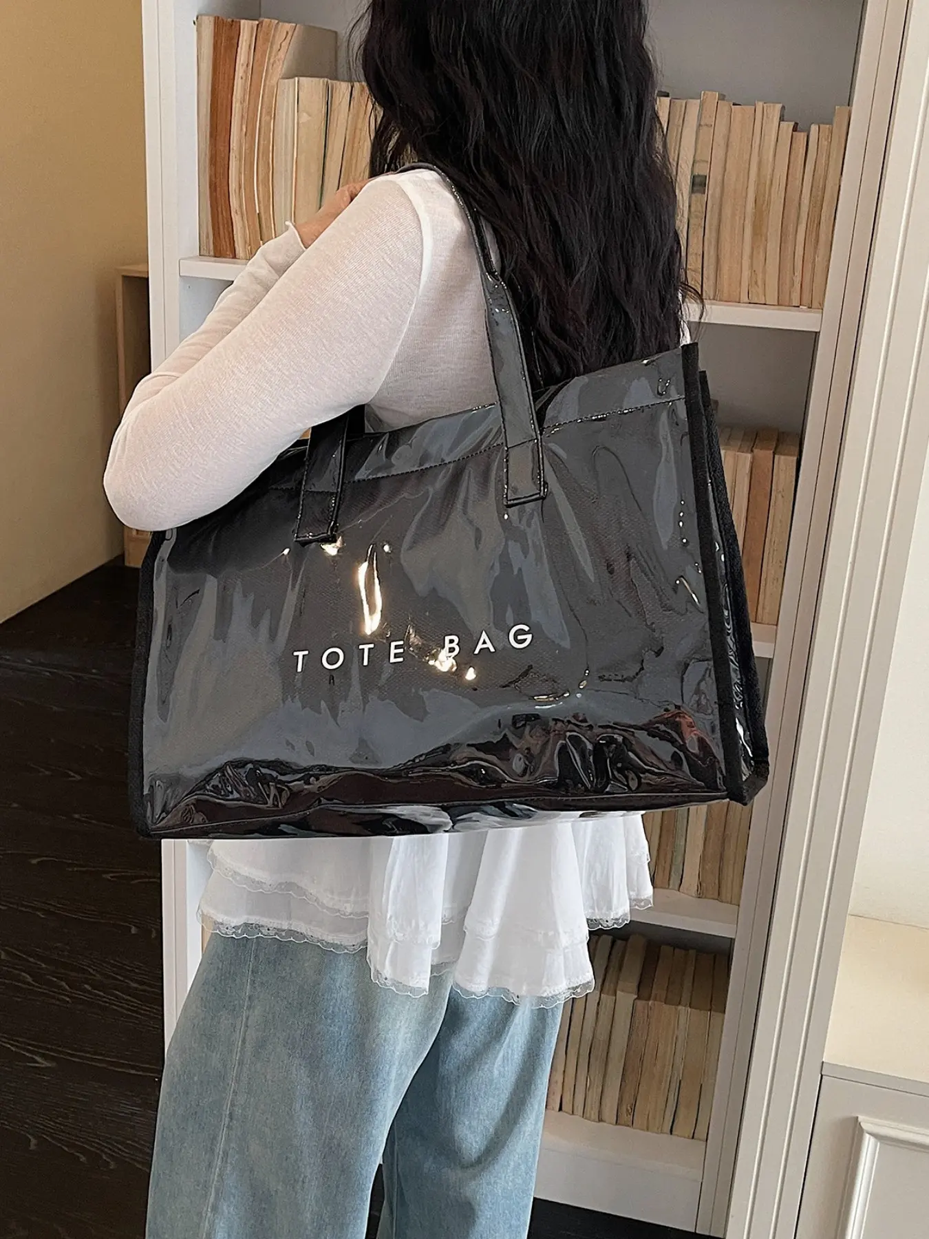 Women's PVC Tote Bag, Letter Tote Bag, Large Waterproof Shoulder Bag, Laptop & Book Storage, Easy Clean Surface, Comfortable Strap, All-Season Use