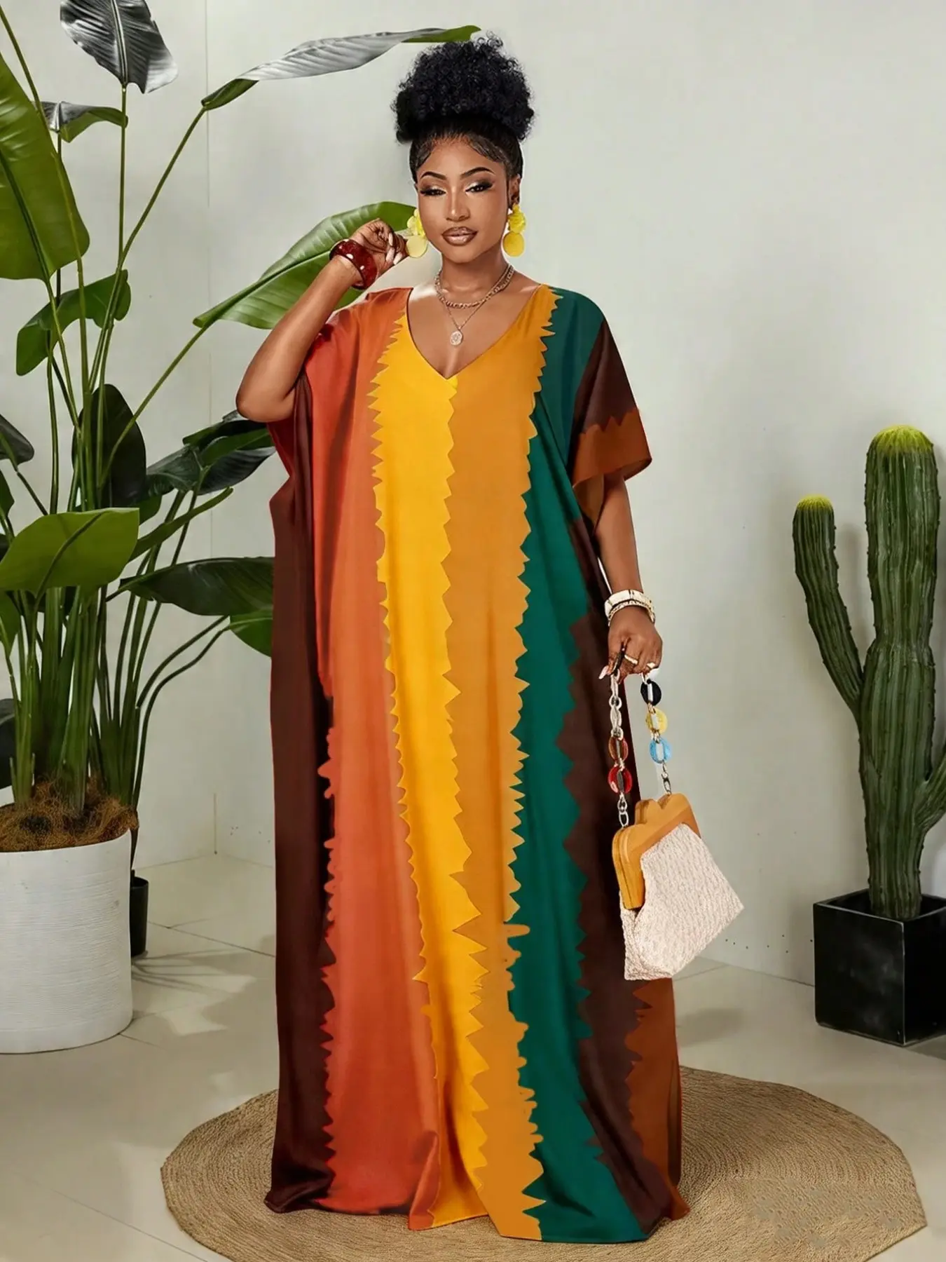 Women’s African Print Maxi Dress, Color Block Kaftan, Color Blocking, Loose Fit Summer Dress, Boho Style, All over Print, Plain Surface, Unlined
