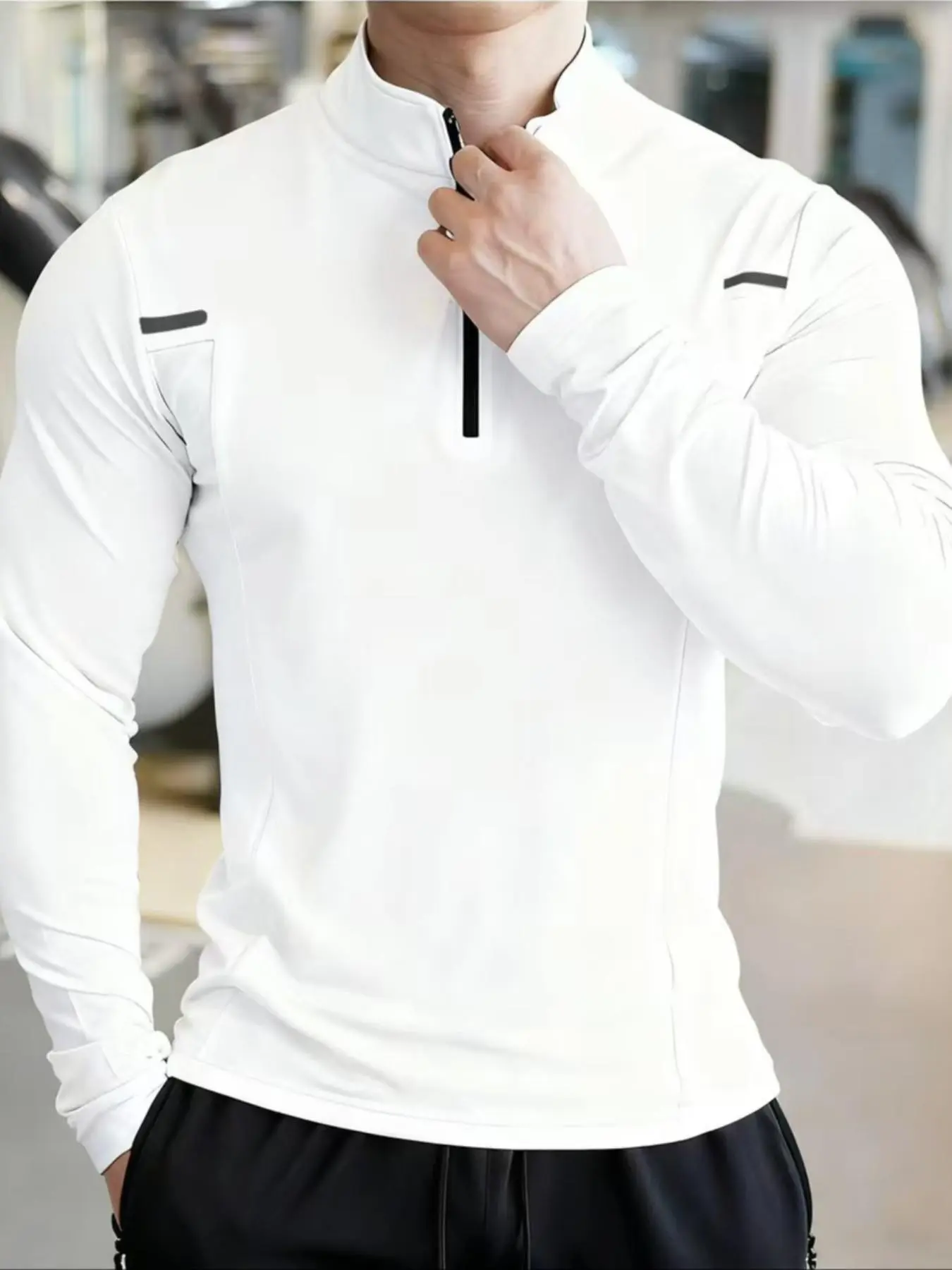Men's Quarter Zip Long Sleeve Workout Shirt, Fitness T Shirt, Quick Dry Athletic Top with Reflective Strips, Slim Fit Moisture Wicking Gym Running T-Shirt, Casual Sports Tops