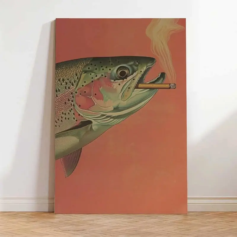 Vintage Trout Smoking a Cigarette Graphic Poster - Funny Whimsical Retro Painting, Unique Room Decor, Cabin Home Decoration, Outdoor Sports Fisherman Gift for Friend, House Accessory, Rustic Wall Art, Fishing Decor, Lake House Decor, Man Cave Wall Art